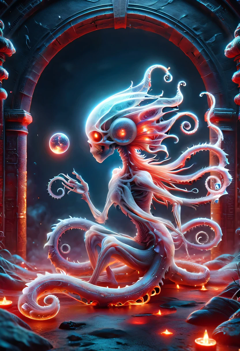 Flower of the other shore is charming,Mysterious Manzhu Shahua,The bloody ghost flower blooming at the gate of hell,Blood-red tentacles guide the souls of the past dead,Evil charm,flirtatious,Strange,gothic style,hell realm,magical beings,devilish landscape,unforgettable environment,hellish atmosphere,Fantastic lighting,bright colors,Surrealism,twisted anatomy,nightmarish creature,glowing eyes,weird shape