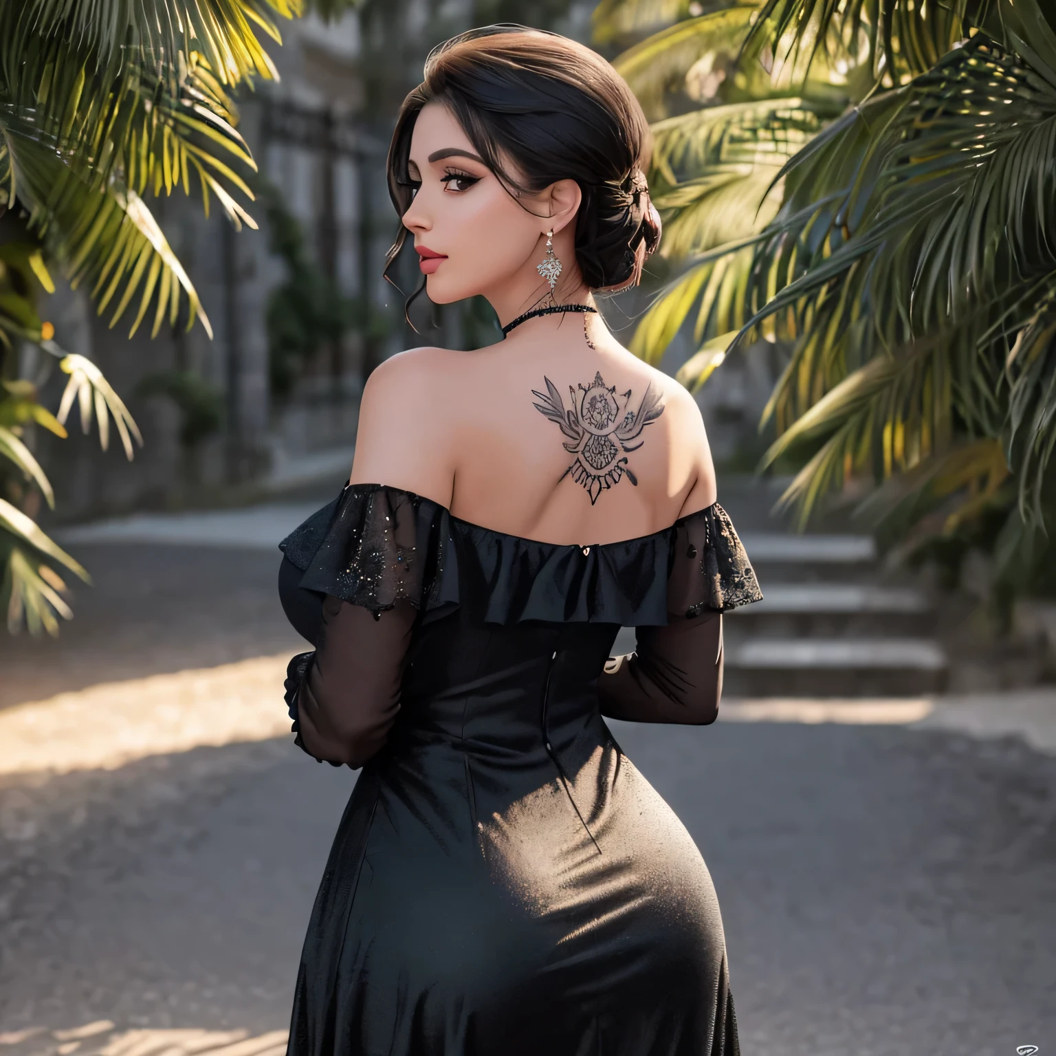 ((qualidade superior)), ((obra-prima)), view from behind the knees up of a beautiful bold european rockabilly girl, large_breasts, busto grande e pesado, decote profundo, cabelo longo e detalhado, slightly open lips, (usando um vestido de mal micro_Mini ha floral preto e vermelho Bold Bloom Off-The-Shoulder), maquiagem sombra escura, tatuagens, brincos, colar, pulseiras, ela tem uma cintura pequena, quadris estreitos, bunda em forma de pera, corpo tonificado, She has her back to the camera as she slightly turns intricate details, olhos altamente detalhados, boca altamente detalhada, Cinematic image, mais detalhes XL, lots of dark shadows to create mystery, Cinematic image, iluminada por luz suave,