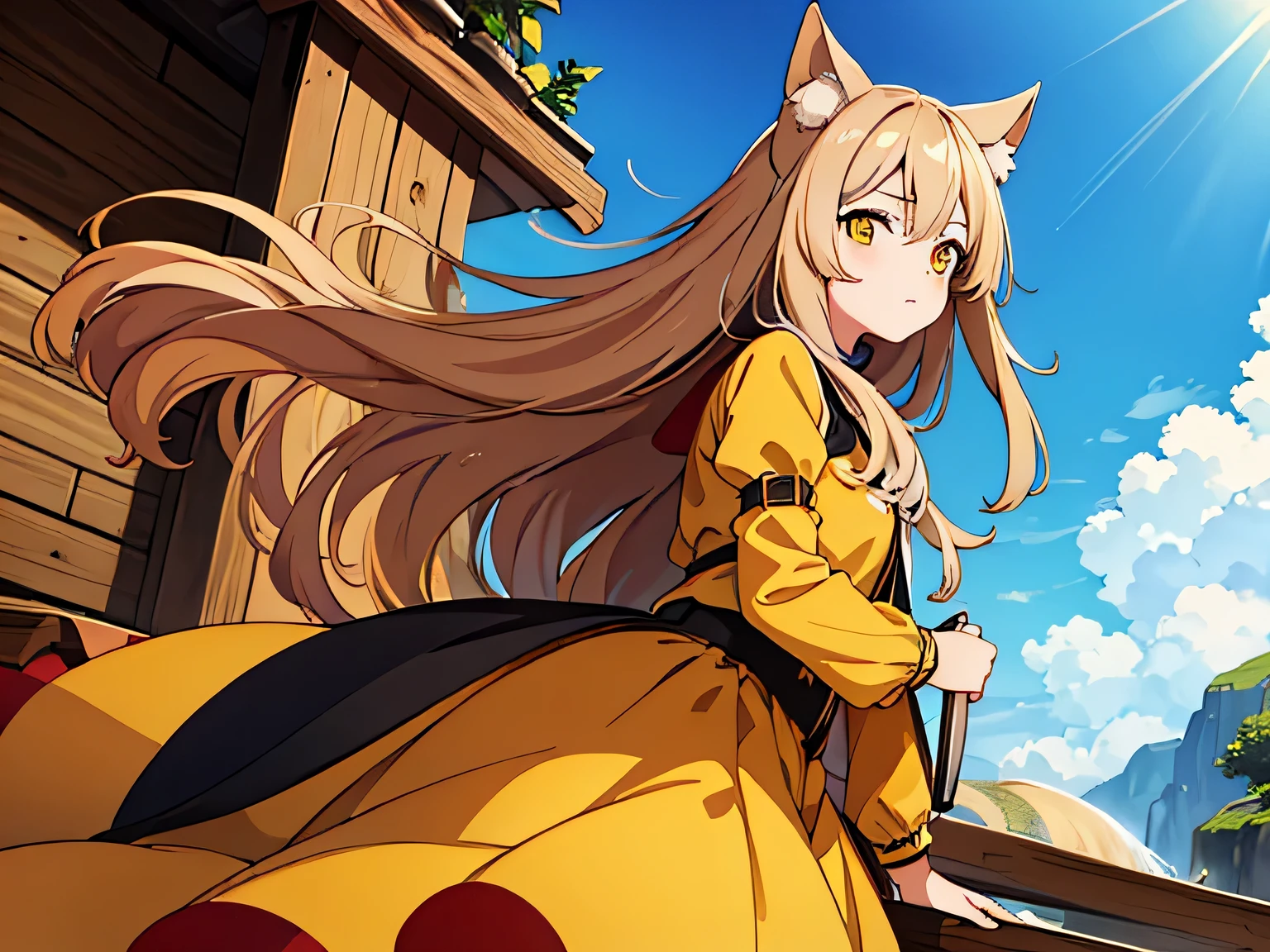 Best quality, masterpiece, 1 girl, yellow eyes, brown long hair, Vorishka, Inu race, Full Length, fantasy art