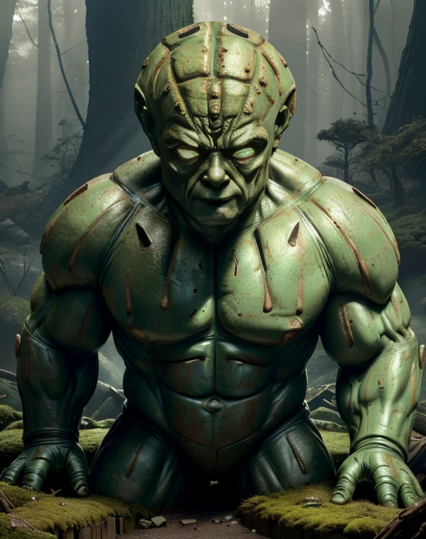 (masterpiece, best quality, (Solo, golem), golem, intricately detailed, clay, statue-like, high resolution, best lighting, realistically textured, magnified view, (animated golem), (detailed facial features), (moss-covered), (strong and menacing), holding a hammer, in a forest setting, sun setting, (realistic veins and tiny cracks), (expressive and lifelike), NSFW, (emotional portrayal), (labored breathing), (cracking and crumbling), (the golem's creator in the background), (intimate connection between golem and creator), (emotional moment between golem and