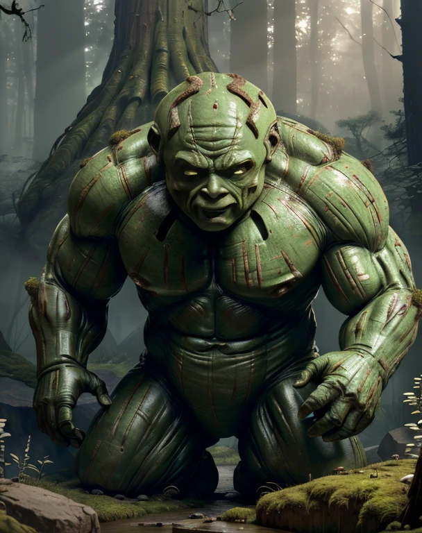 (masterpiece, best quality, (Solo, golem), golem, intricately detailed, clay, statue-like, high resolution, best lighting, realistically textured, magnified view, (animated golem), (detailed facial features), (moss-covered), (strong and menacing), holding a hammer, in a forest setting, sun setting, (realistic veins and tiny cracks), (expressive and lifelike), NSFW, (emotional portrayal), (labored breathing), (cracking and crumbling), (the golem's creator in the background), (intimate connection between golem and creator), (emotional moment between golem and