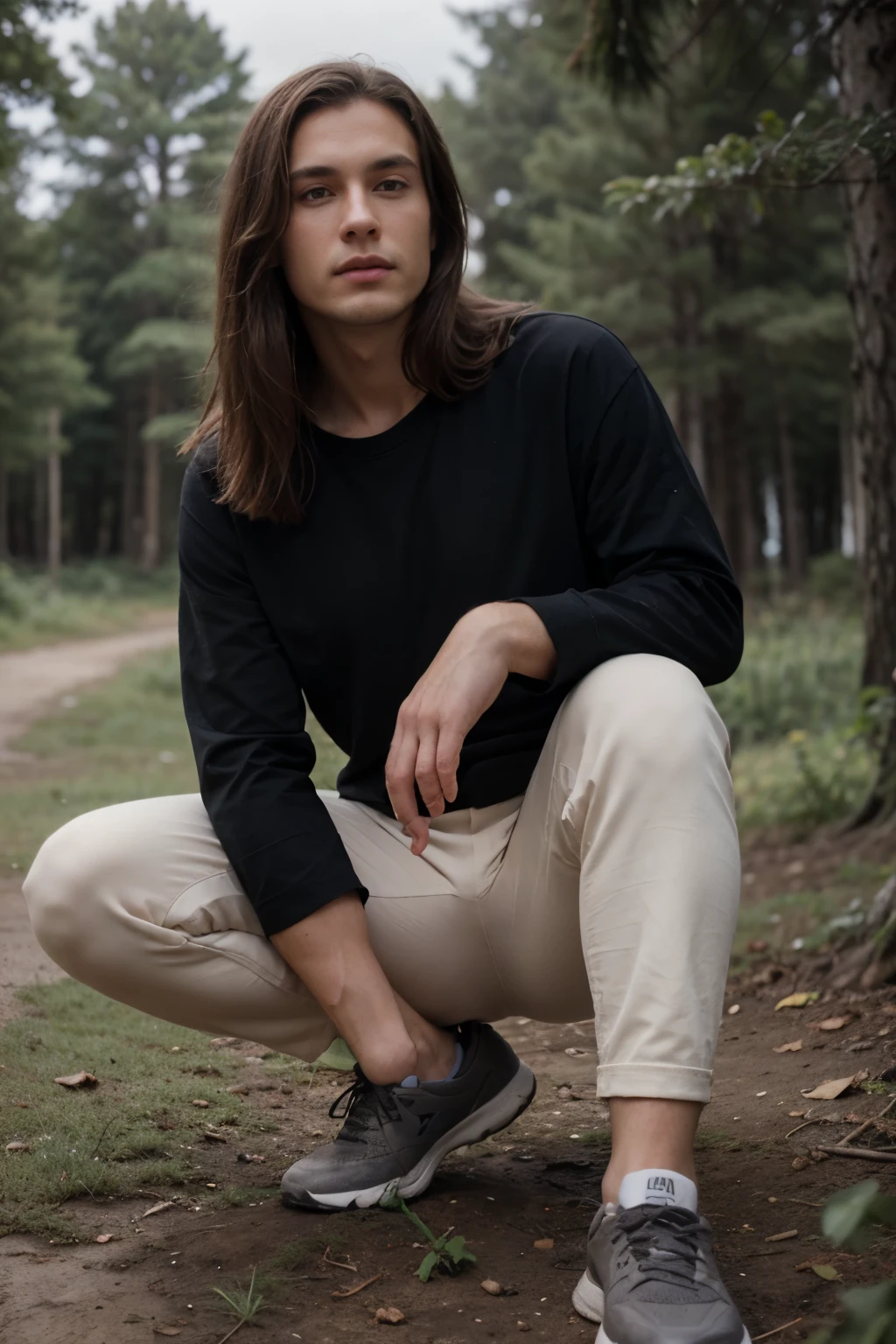 Make a man with a perfect face, brown eyes, long brown hair, defined muscles, black shirt, pants and shoes, in the middle of the forest in cloudy weather, high definition image, 8k, full HD