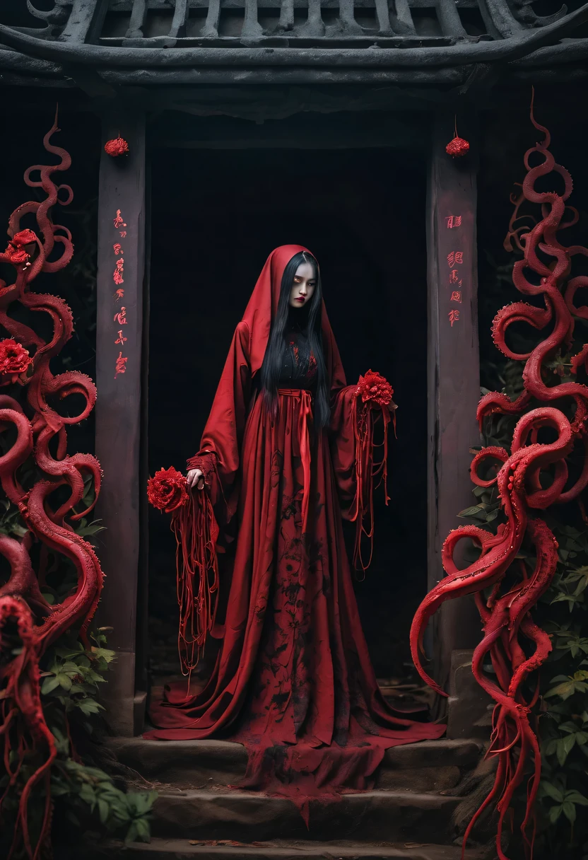 Flower of the other shore is charming,Mysterious Manzhu Shahua,The bloody ghost flower blooming at the gate of hell,Blood-red tentacles guide the souls of the past dead,Evil charm,flirtatious,Strange,gothic style。