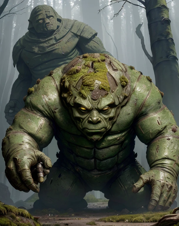 (masterpiece, best quality, (Solo, golem), golem, intricately detailed, clay, statue-like, high resolution, best lighting, realistically textured, magnified view, (animated golem), (detailed facial features), (moss-covered), (strong and menacing), holding a hammer, in a forest setting, sun setting, (realistic veins and tiny cracks), (expressive and lifelike), NSFW, (emotional portrayal), (labored breathing), (cracking and crumbling), (the golem's creator in the background), (intimate connection between golem and creator), (emotional moment between golem and