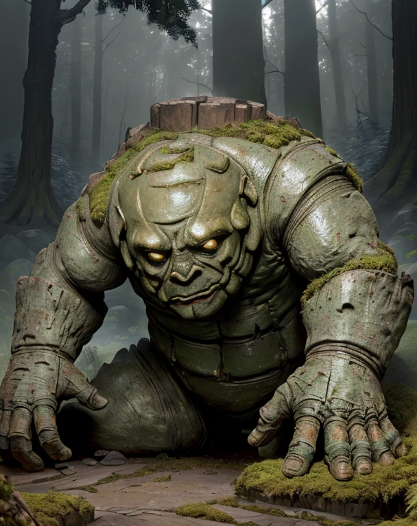 (masterpiece, best quality, (Solo, golem), golem, intricately detailed, clay, statue-like, high resolution, best lighting, realistically textured, magnified view, (animated golem), (detailed facial features), (moss-covered), (strong and menacing), holding a hammer, in a forest setting, sun setting, (realistic veins and tiny cracks), (expressive and lifelike), NSFW, (emotional portrayal), (labored breathing), (cracking and crumbling), (the golem's creator in the background), (intimate connection between golem and creator), (emotional moment between golem and