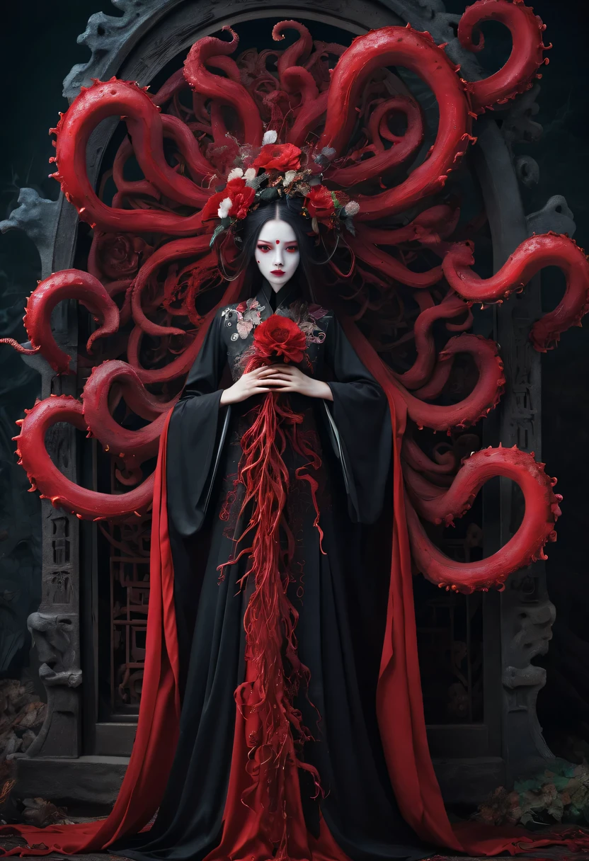 Flower of the other shore is charming,Mysterious Manzhu Shahua,The bloody ghost flower blooming at the gate of hell,Blood-red tentacles guide the souls of the past dead,Evil charm,flirtatious,Strange,gothic style。