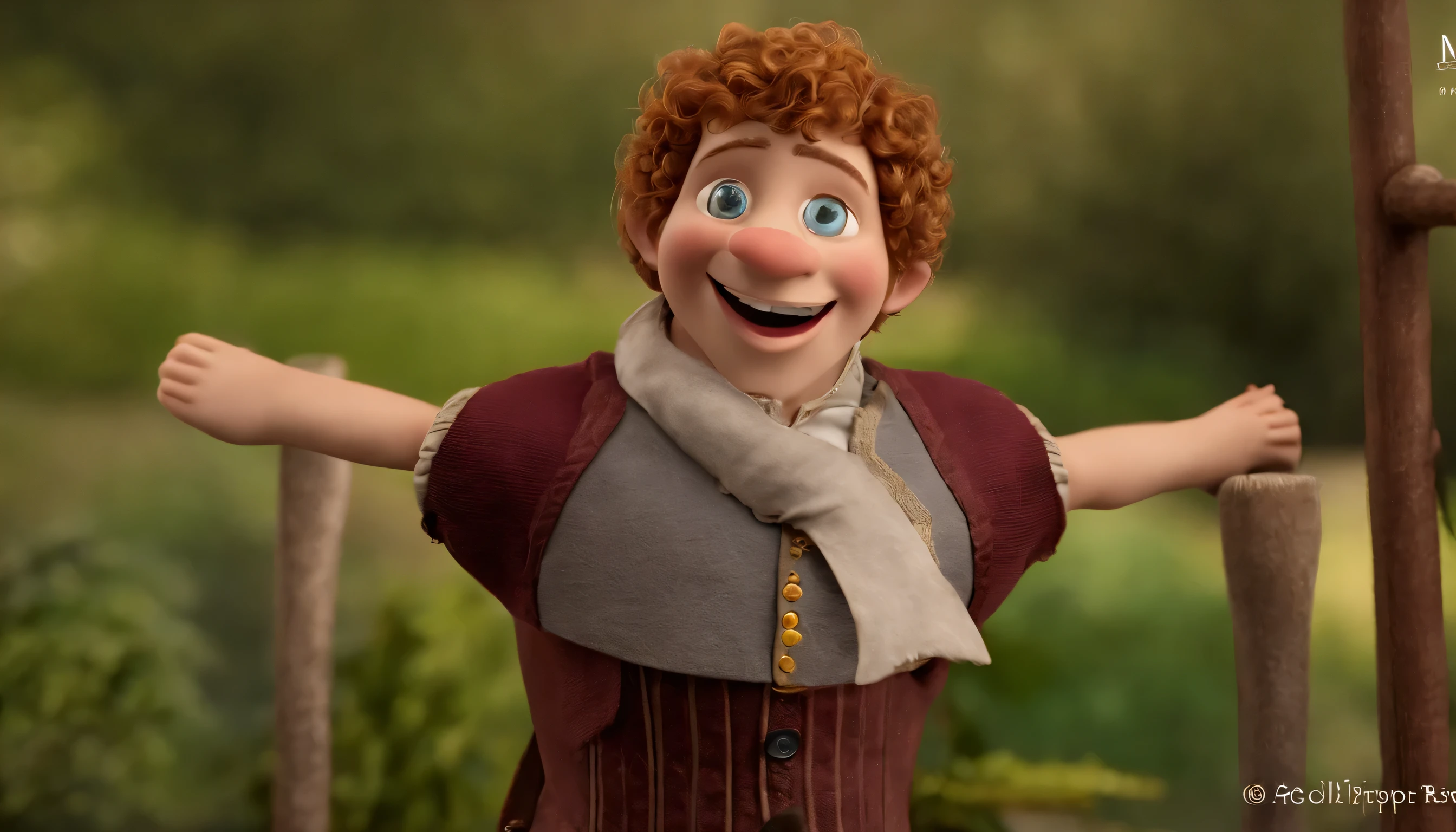 Pippin features a wide, friendly grin with rosy cheeks and bright, expressive eyes.
His eyes have a playful spark, and he sports distinctive eyebrows that convey mischievousness.
Pippin's nose is small and button-like, contributing to his whimsical appearance.
His lips are curved into a smile, reflecting a joyful and mischievous expression.
The puppet's hair is curly, covering his ears and neck, offering an animated and lively look.
Pippin is clean-shaven without any facial hair.
He is not wearing a clown cap or any additional accessories.