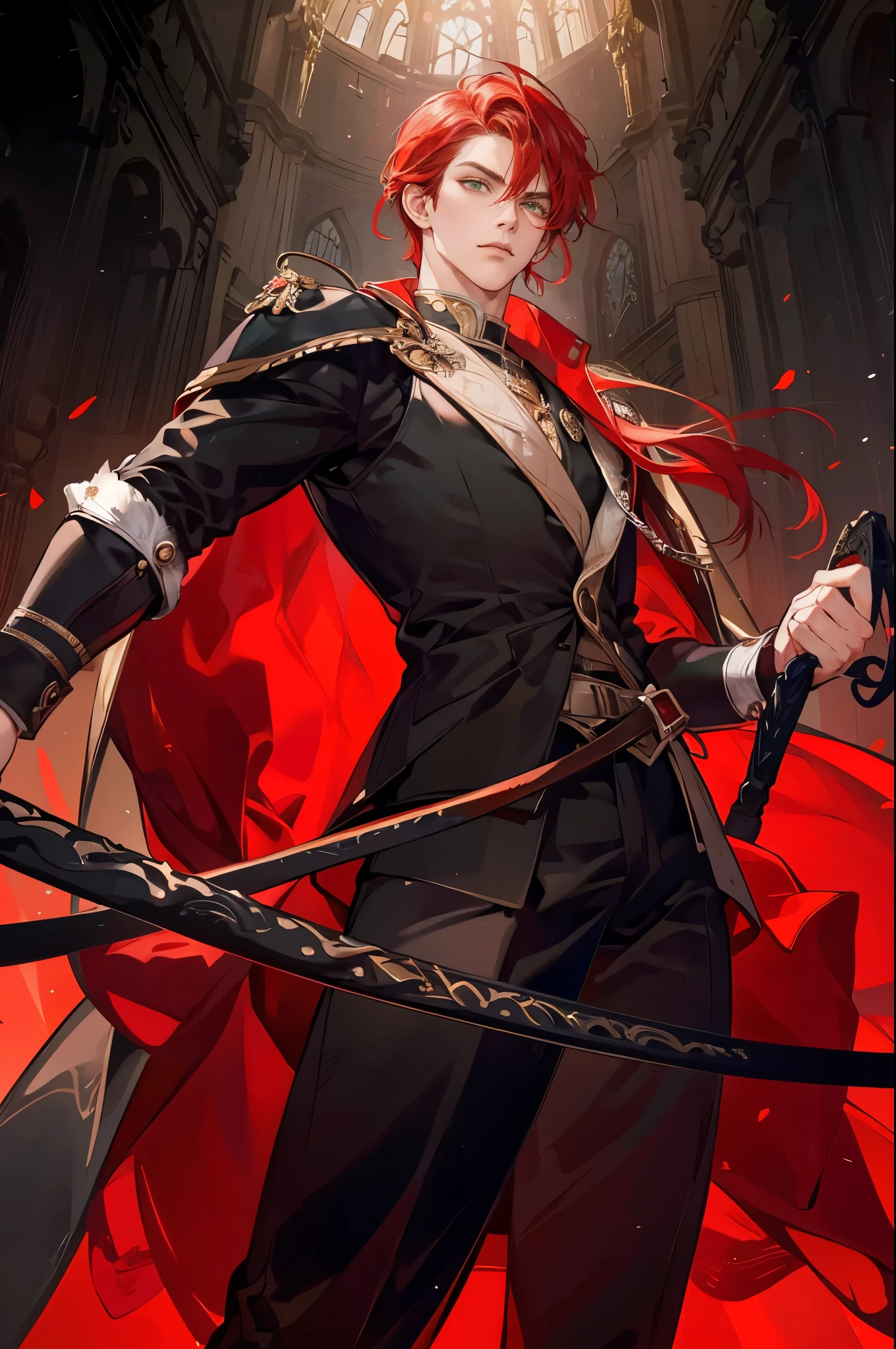 1 boy, handsome face, perfect male figure, Red hair, green eyes, Glaring, With a whip in his hand, Serious expression, Proud, standing in a castle, Medieval aristocratic men&#39;s clothing., best quality, amazing quality, very aesthetic, ridiculous, masterpiece,