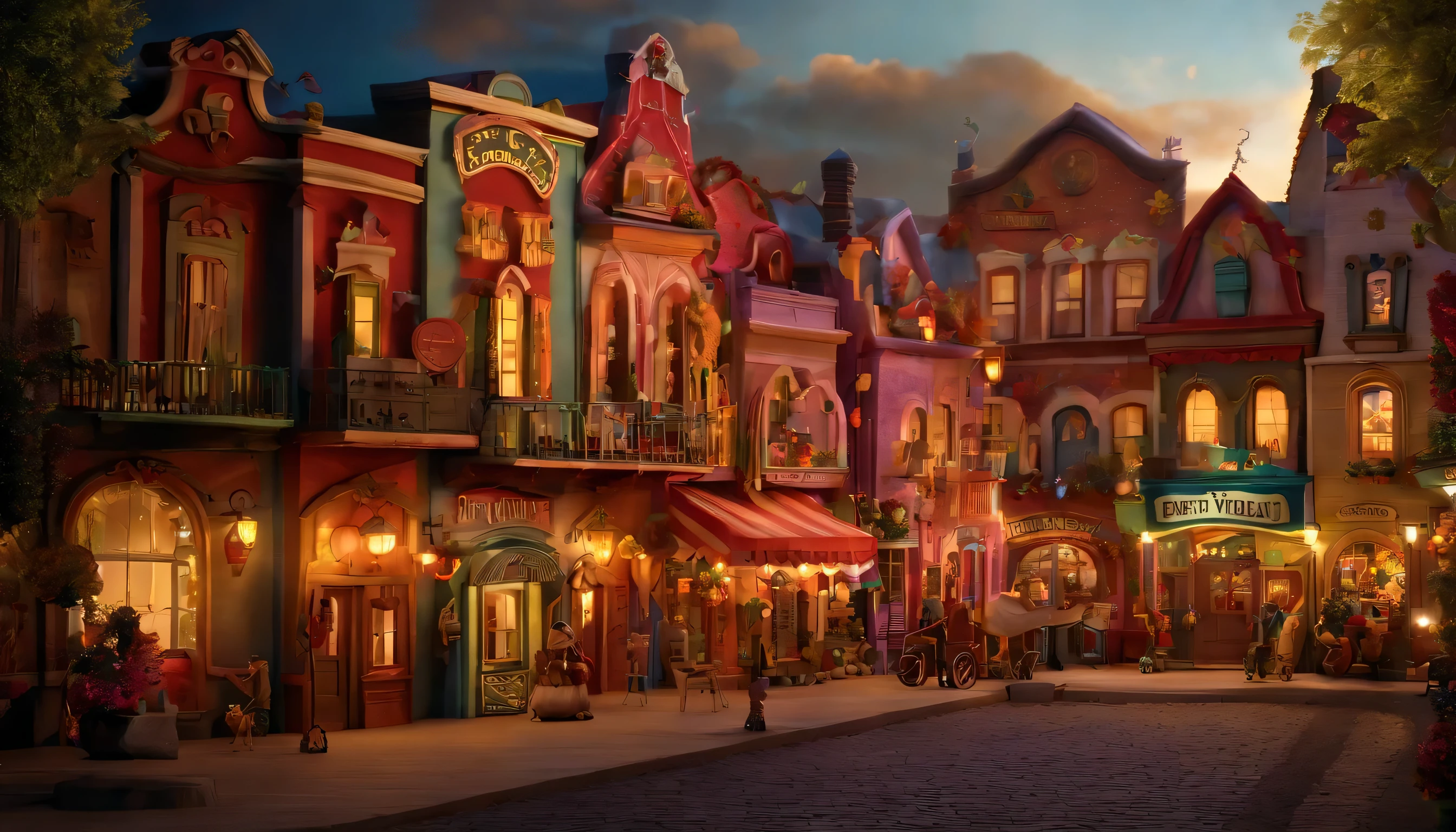 Puppetville is a charming town with colorful buildings and friendly puppet characters.
The theater is a magical place with bright lights, inviting curtains, and a lively atmosphere.
Imaginative decorations like oversized buttons and giant fabric flowers adorn the town, creating a whimsical setting.
