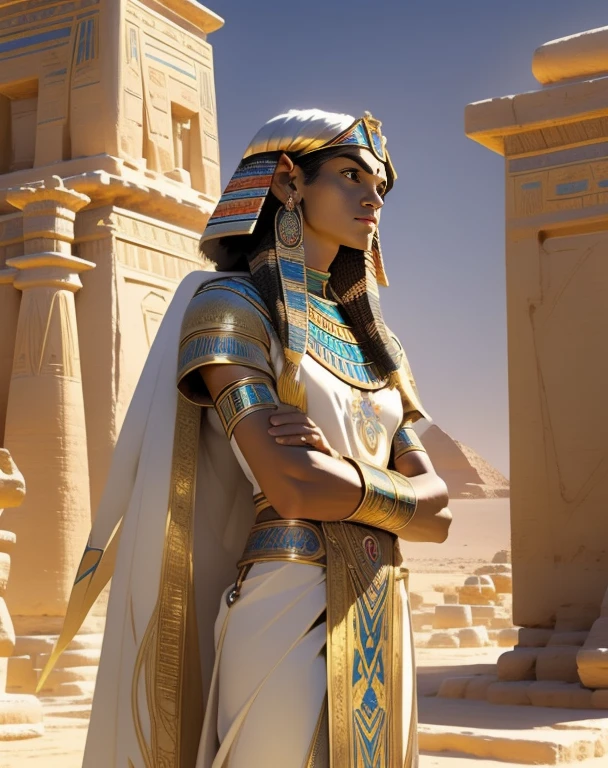 Ultra-realistic 8K CG, masterpiece, best quality, a mystical Sphinx, solo, enigmatic, ancient, with a proud and regal posture, guarding the entrance to a temple, sandy desert background, intricately detailed body with delicate patterns and complicated scales, piercing yellow eyes, long nose, and mysterious smile, surrounded by the warm golden sun and the tranquil blue sky, the grandeur of ancient Egypt awakening a sense of wonder and awe, Kizi, no clothing, long white hair, arms crossed, captivating the attention of all who approach, a true enigma wrapped in a riddle.