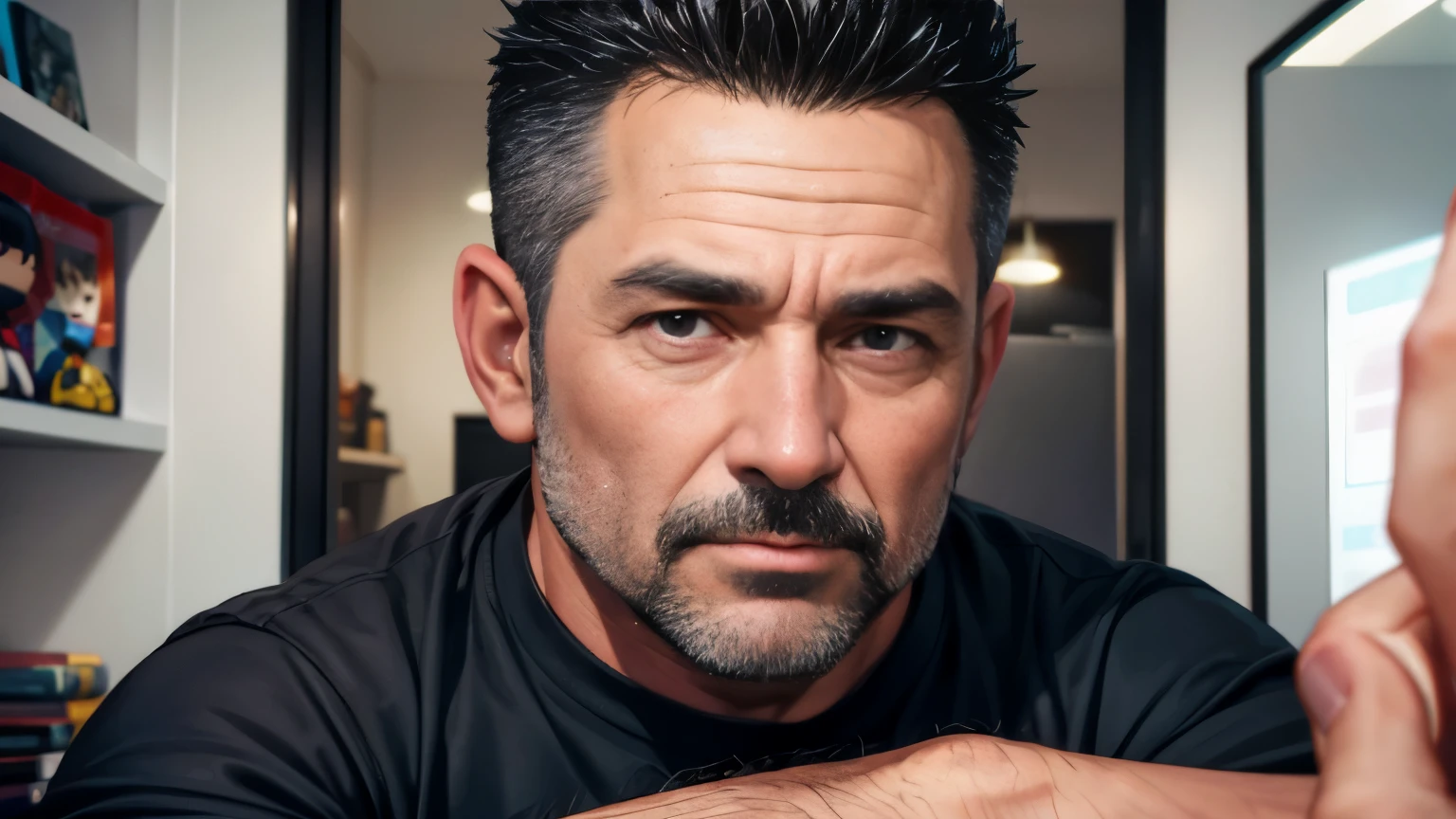 photo realistic image of a middle aged man, dark very short spikey hair with light stubble, taking pictures of Funko pops, full length portrait