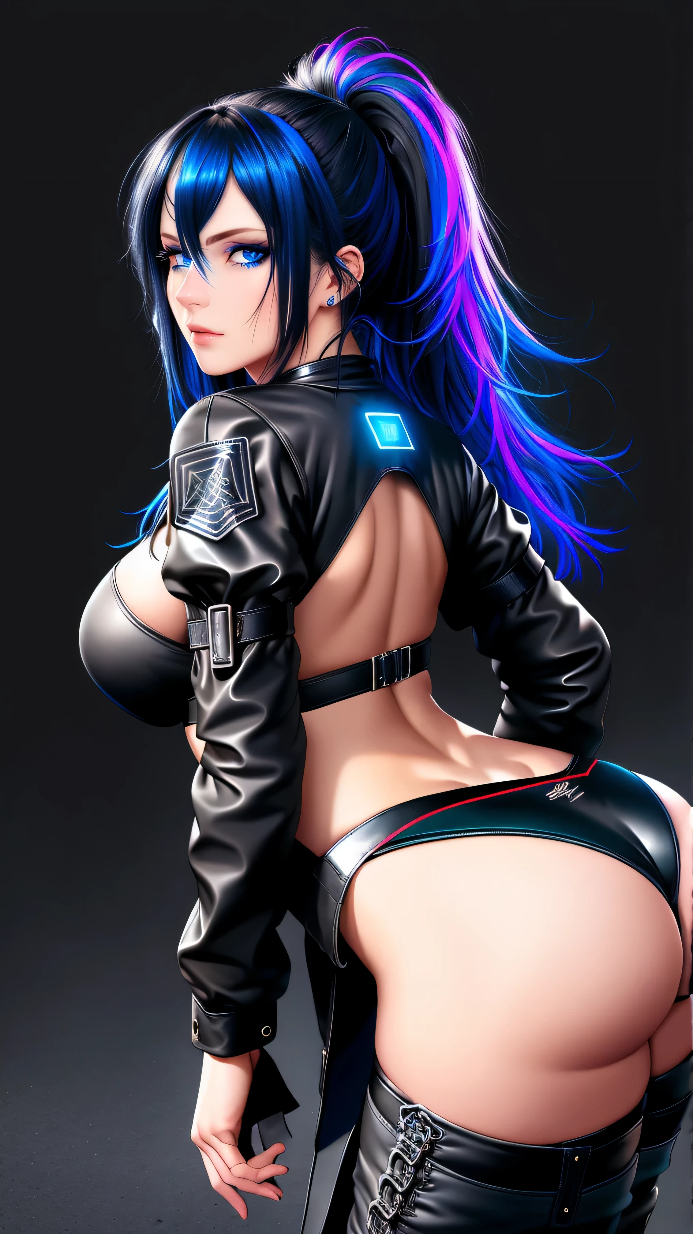 beautiful girl, full body, looking over shoulder, bright blue neon streaked dishevelled hair, ((large light realistic detailed eyes:1.3)), ((seductive pose:1.5)), ((nice ass:1.4)), black eyeshadow, (street style wear:1.2), ((tight fitted panties)), ((thigh high leather boots:1.3)), ((dark plain black background:1.4)), dark makeup, digital art, trending on artstation, highly detailed, fine detail, intricate, beautiful detailed glow, detailed, Cinematic light, high-res, detailed facial features, sharp focus, smooth, aesthetic,