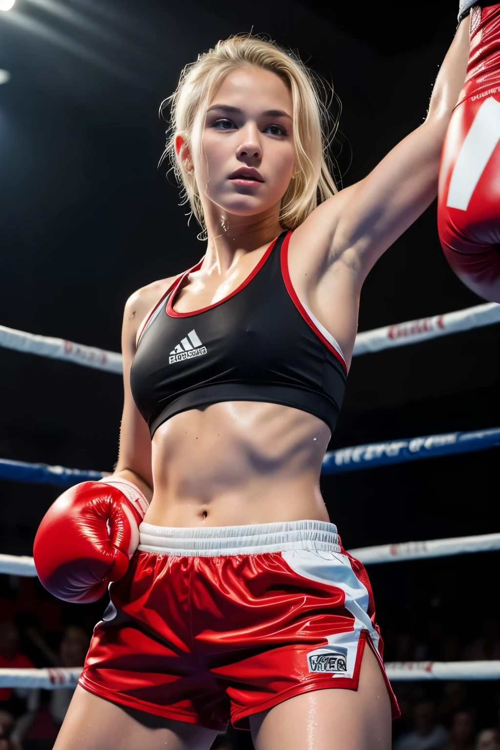 Masterpiece, 16 year old blonde girl, white sports bra, red shorts, red boxing gloves, wet skin, in a boxing ring, fighting a gray-haired grandmother in boxing shorts, realistic