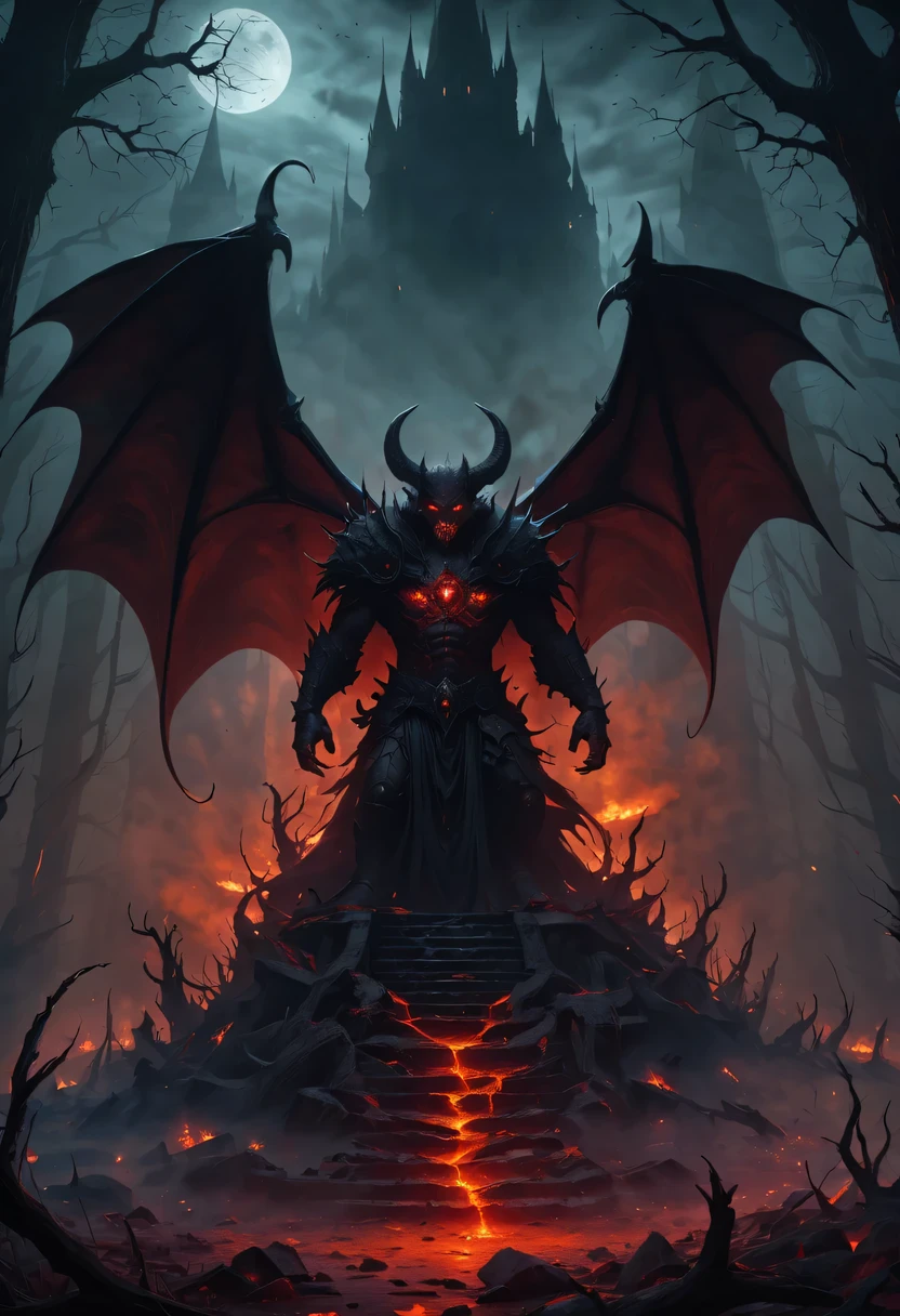 hell,Dark Overlord,nether creatures,masterpiece:1.2,Super detailed,gothic art,Gloomy atmosphere,Ominous red and black color scheme,majestic throne,Flying bats,Devil's mark,Hauntingly beautiful forest,crimson fire,Ominous eyes penetrate the darkness,cloaked figure,ethereal mist,ominous spell,Skeleton Army,hot sulfur,ruthless minions,summon portal,Fascinating spell book,otherworldly creatures emerging from the shadows,Ominous moonshine,The cracked earth reveals its fiery depths,hell般的建筑,enchanted weapons,Scarred face,blood red aura,The witch's cauldron.