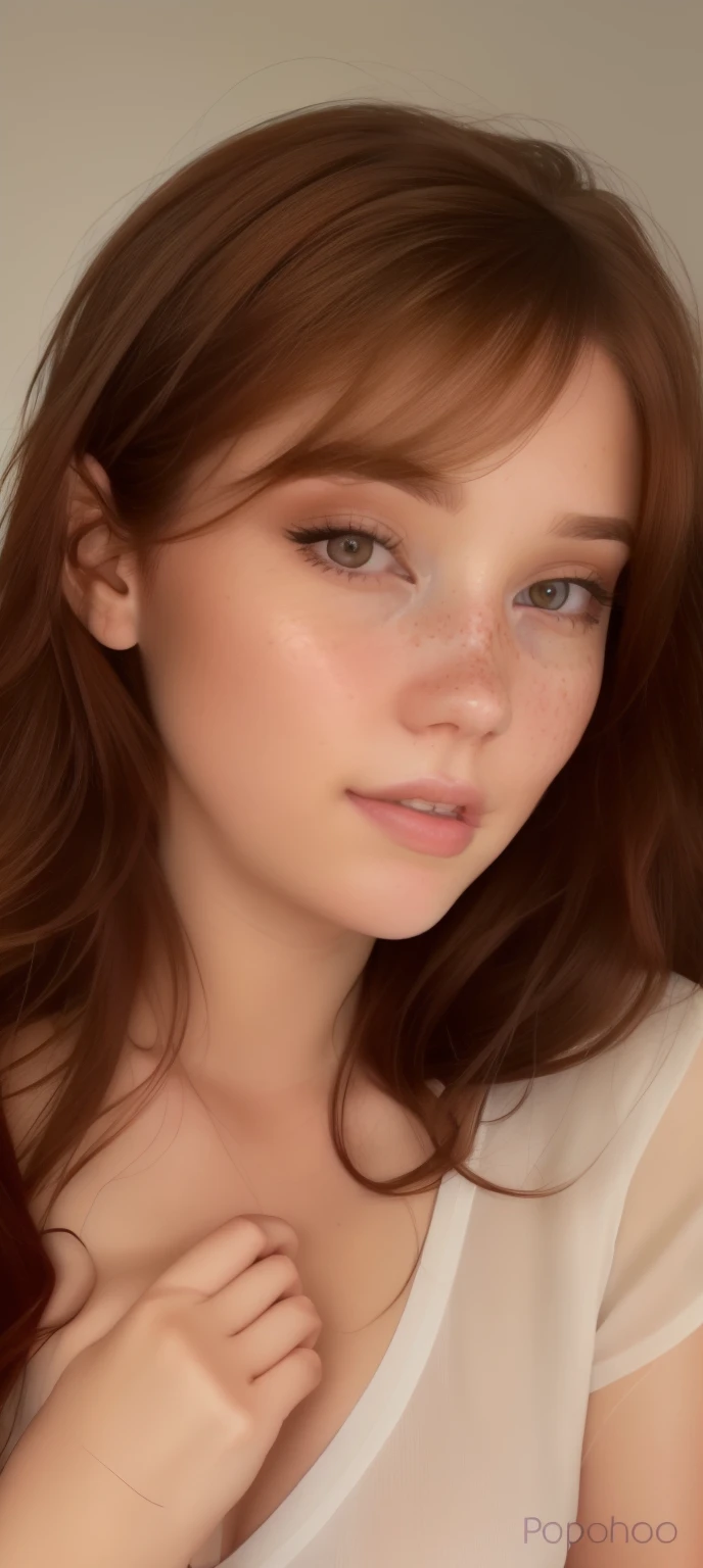 a close up of a woman with a white shirt and red hair, portrait sophie mudd, brown hair and large eyes, light freckles, photorealistic beautiful face, very light freckles, light cute freckles, pokimane, lovely delicate face, freckled pale skin, perfect natural skin tones, high quality portrait, beautiful delicate face, soft freckles, beautiful fine face features