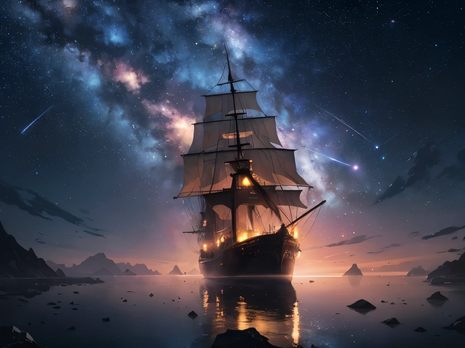A beautiful pirate frigate floats gracefully in the vast expanse of space, its sails billowing out behind it in a trail of colored smoke against the backdrop of colossal planets. The scene unfolds in the stillness of the night, cloaked in the darkness of the cosmos. The stars twinkle fiercely, their light piercing the inky blackness, with the glowing band of the Milky Way forming a radiant border around the edge of the canvas.

This ultra-realistic masterpiece, captured at an impressive 256k resolution, showcases the intricacies of photorealism and high dynamical range imaging. The raw photo, taken at