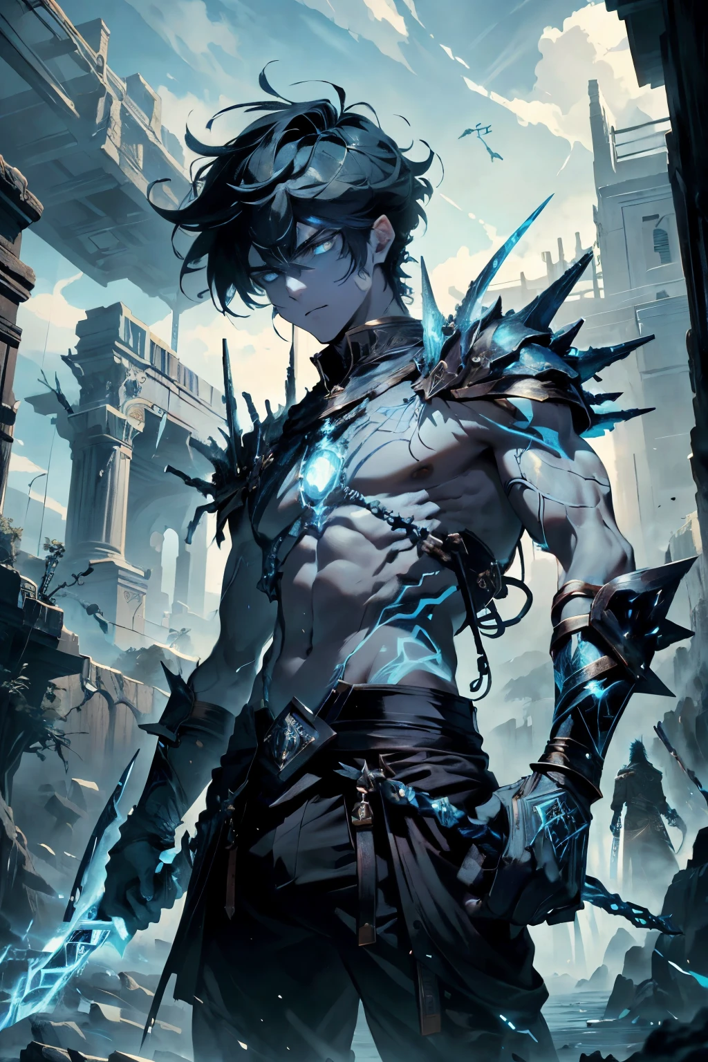 (hd, 8k, cinematic masterpiece), (a boy with an alion art body and universal power), (hd and 8k textures revealing intricately designed muscles and veins), (wielding the most powerful weapon in the universe), (his piercing blue eyes gleam with determination and intensity), (the weapon in hand radiates with an HDR effect, casting dynamic shadows around him), (his short, spiky hair contrasts with the serene, calm background), (every detail, from his determined expression to the weapon's intricate design, is rendered in stunning detail), (the setting sun casts a warm glow over the scene, adding a sense of grandeur and drama
