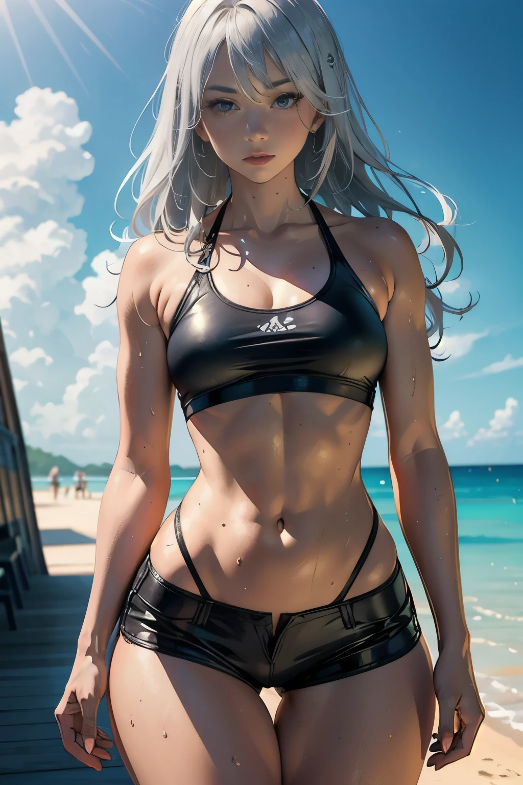 (masterpiece), best quality, perfect face, silver hair, long hair, short leather shorts, sweat, dirty bikini, , buttom, front view, thick legs, fitness, beach, wide hips, 