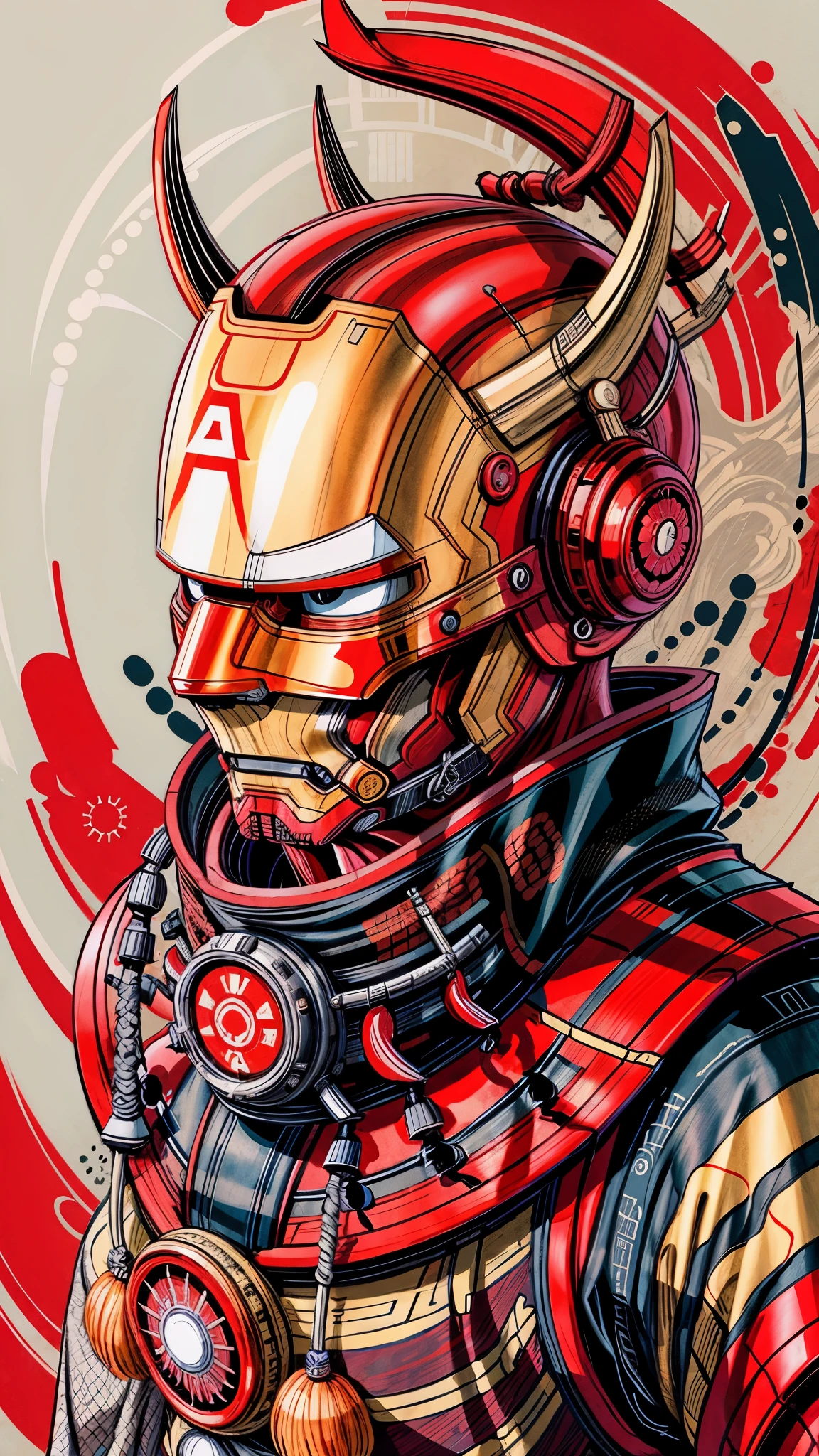 (japanese traditional painting,high high quality)Illustration of the mask style,High resolution 8K,Focus on the details, Iron Man mask masterpiece
