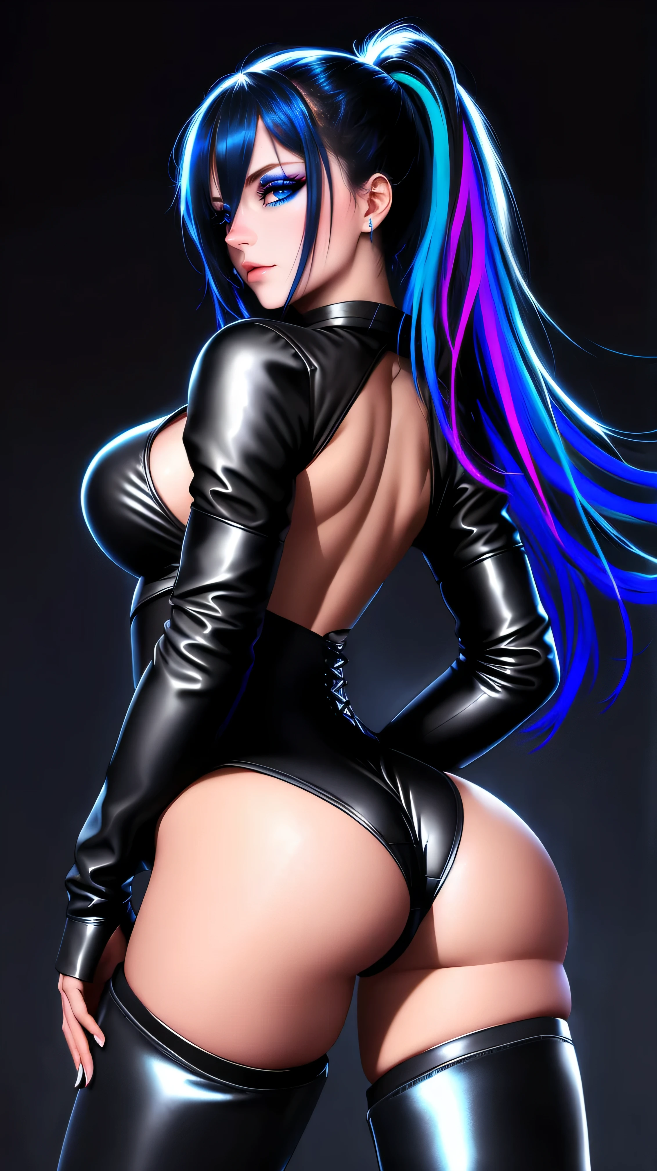 beautiful girl, full body, bright blue neon streaked dishevelled hair, ((large light realistic detailed eyes:1.3)), ((seductive pose:1.5)), ((nice ass:1.4)), black eyeshadow, (street style wear:1.2), ((tight fitted panties)), ((thigh high leather boots:1.3)), ((dark plain black background:1.4)), dark makeup, digital art, trending on artstation, highly detailed, fine detail, intricate, beautiful detailed glow, detailed, Cinematic light, high-res, detailed facial features, sharp focus, smooth, aesthetic,