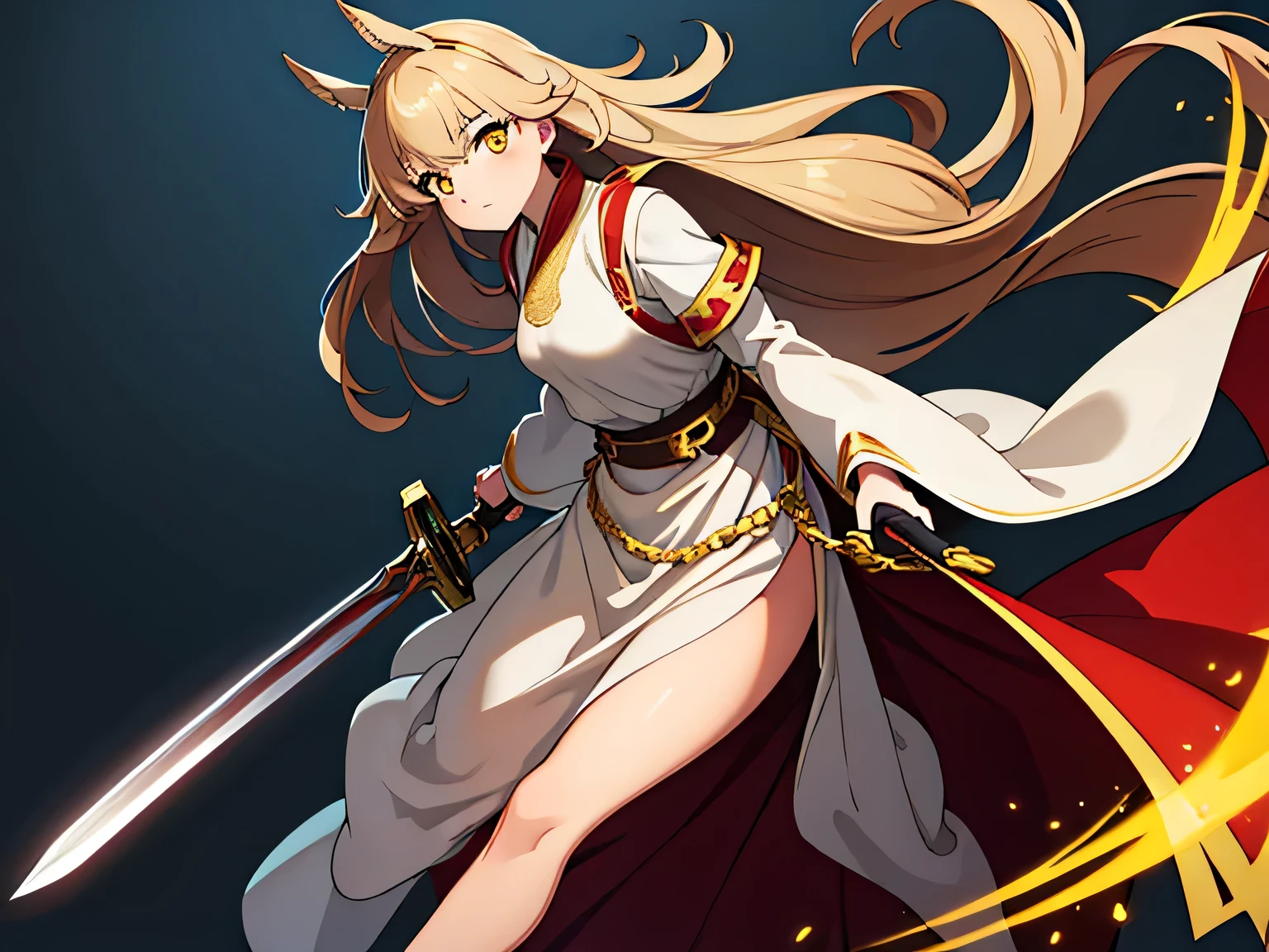 Best quality, masterpiece, 1 girl, yellow eyes, Light brown long hair, simple medieval clothing, with sword in hands, Inu race, Full Length