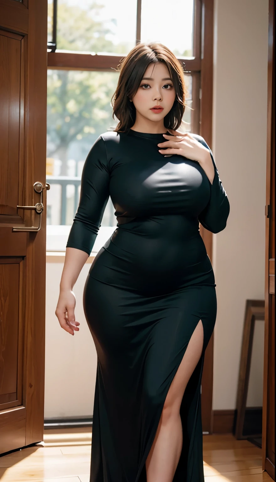 Chubby woman with fat belly and tight thighs, full body, 50-year-old mature woman, thick hips, thick neck, thick chest, big eyes, wearing a longest dress, wearing a sneakers