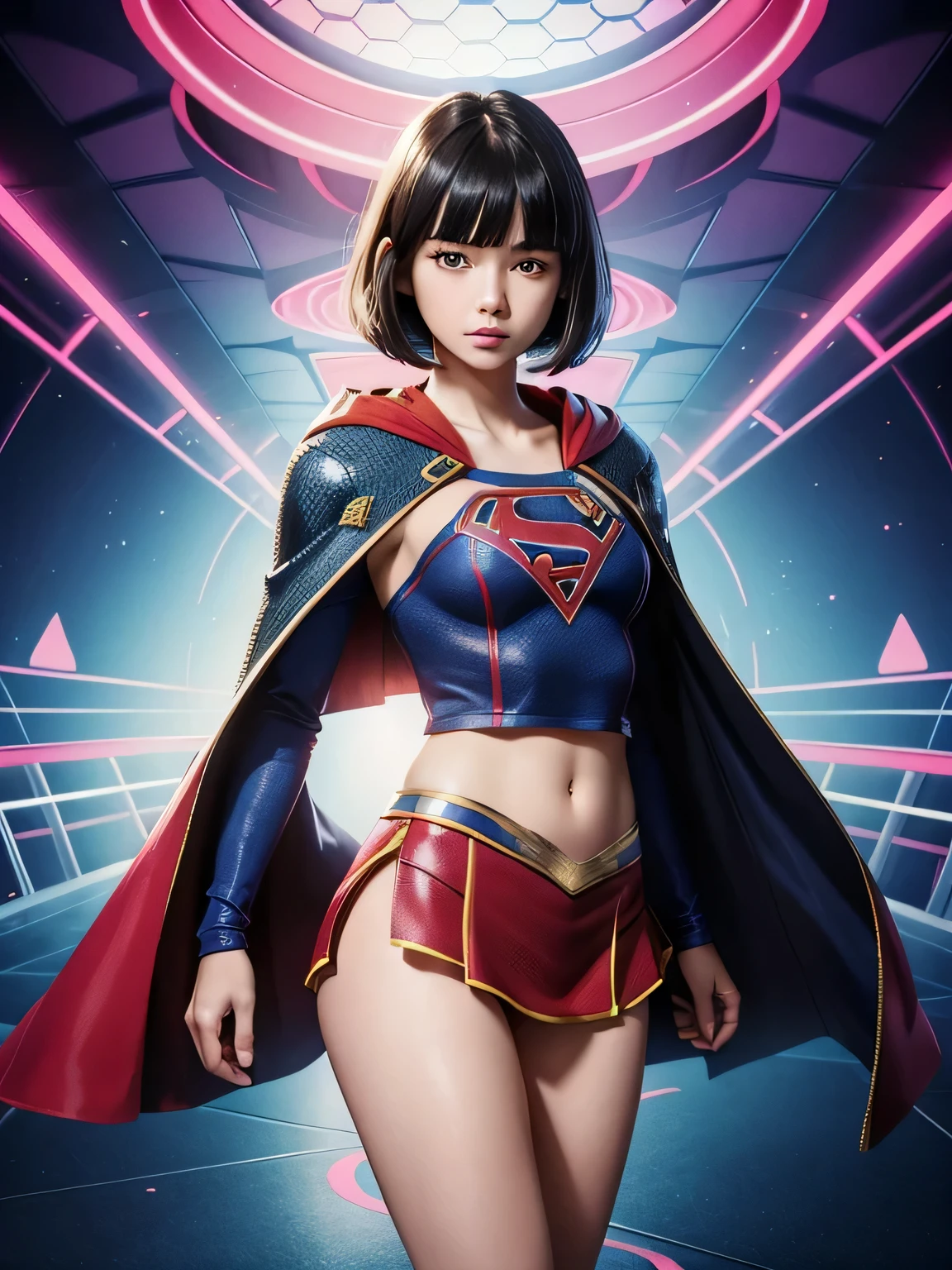super girl elementary school student, masterpiece, highest quality, abstract, psychedelic, neon, (Honeycomb pattern), (creative:1.3), fantasy00d、 black hair、bob cut with trimmed ends、small breasts、Thin crotch、lolicon、&#39;face、standing on the walkway、Glistening crotch、belly button、High-leg style、red cloak