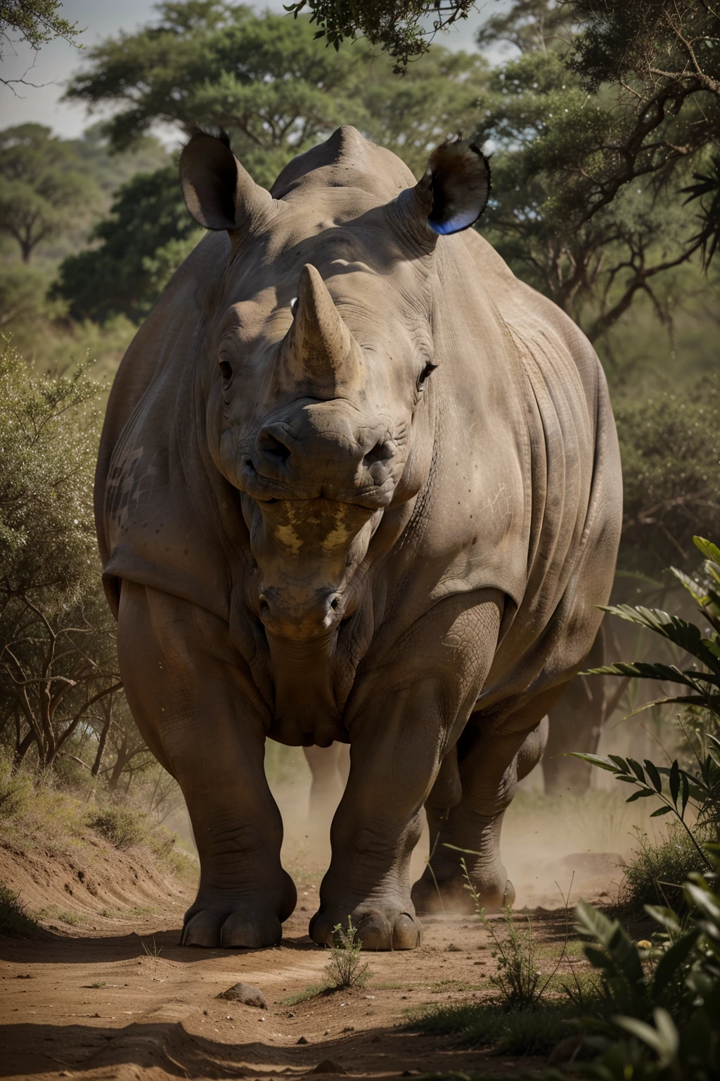 A magnificent rhino, with its massive gray body and thick skin, stands in the savannah under the warm sunlight. Its large, powerful horn proudly juts out from the center of its snout. The rhino's intelligent and curious brown eyes fixately gaze at the camera, as if inviting the viewer to explore its world. The contrast of the rhino's armored hide against the lush, green vegetation in the background adds depth and texture to the scene. This exceptionally detailed, high-quality photograph captures the raw beauty and power of this magnificent beast.