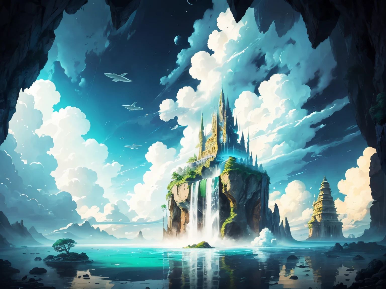 Flying Island: A mesmerizing scene of a colossal island suspended in the sky. A man, having been washed off by a magnificent waterfall, lands gracefully on the ground. He soars amongst the clouds, catching a glimpse of the tranquil moon in the sky. The island, with its intricate textures and layers, boasts a high level of detail and definition. The drawing exhibits fine lines and complex shading, creating a sense of depth and volume. The shadows cast by the towering structures add to the saturated colors, bringing the scene to life with hyper-realistic detail. The professional quality of the photo showcases bright hues, enhanced by the backlight, and captured in