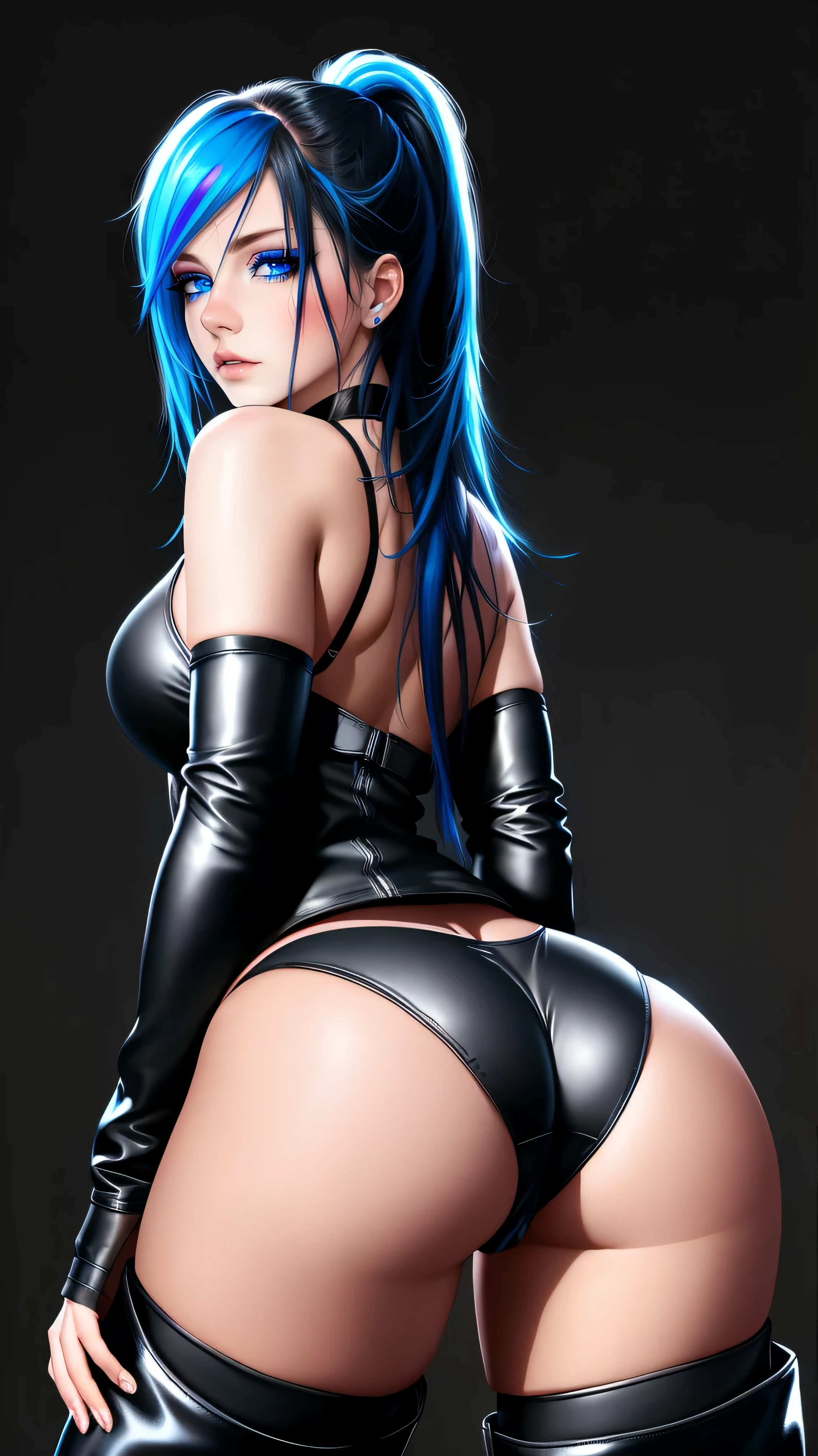 beautiful girl, full body, bright blue neon streaked dishevelled hair, ((large light realistic detailed eyes:1.3)), ((seductive pose:1.5)), ((nice ass:1.4)), black eyeshadow, (street style wear:1.2), ((tight fitted panties)), ((thigh high leather boots:1.3)),  ((dark plain black background:1.4)), dark makeup, digital art, trending on artstation, highly detailed, fine detail, intricate, beautiful detailed glow, detailed, Cinematic light, high-res, detailed facial features, sharp focus, smooth, aesthetic,