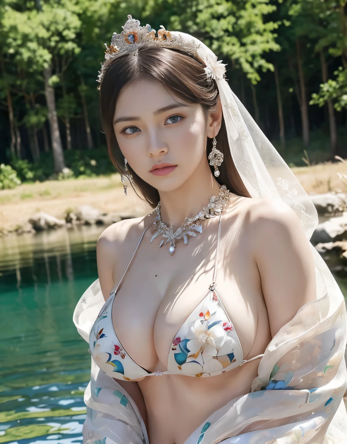 ,highest quality、masterpiece、Super high resolution、（ゴールドdragon armor）、(((big breasts))),dragon armor、(((large floral ornament on the head))),(((Micro bikini with attention to detail))),(wears a beautiful crown made of precious stones),(Photoreal:1.4)、RAW photo、1 girl、(((random hair))、(((take various poses)))、glowing skin、(((white dragon)))、intricate and gorgeous hair ornaments、（Looks like a gorgeous jewelry necklace）、（whole body angle）、（fight big dragonet bikini）、((beautiful lake background)),(beautiful forest background)、((Super realistic details))、Portrait、global illumination、（sexy pose）、Shadow、octane rendering、16K、big breasts、Raw skin exposed in the cleavage、Metal、intricate decorative details、Japan details、very intricate details、blue eyes、Eyes shining towards the camera、two stock、（whole body angle）、（veil）、(((heavy big))),((she is wearing a beautiful jeweled bangle.)),