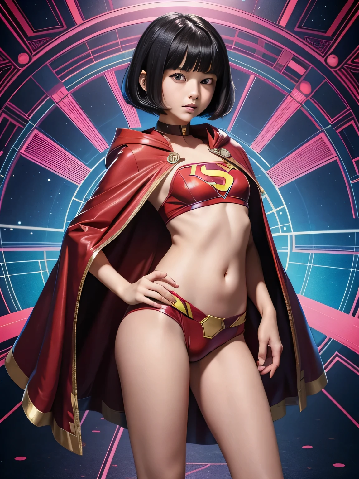 super girl elementary school student, masterpiece, highest quality, abstract, psychedelic, neon, (Honeycomb pattern), (creative:1.3), fantasy00d、 black hair、bob cut with trimmed ends、small breasts、Thin crotch、lolicon、'face、standing on the walkway、Glistening crotch、belly button、High-leg style、red cloak