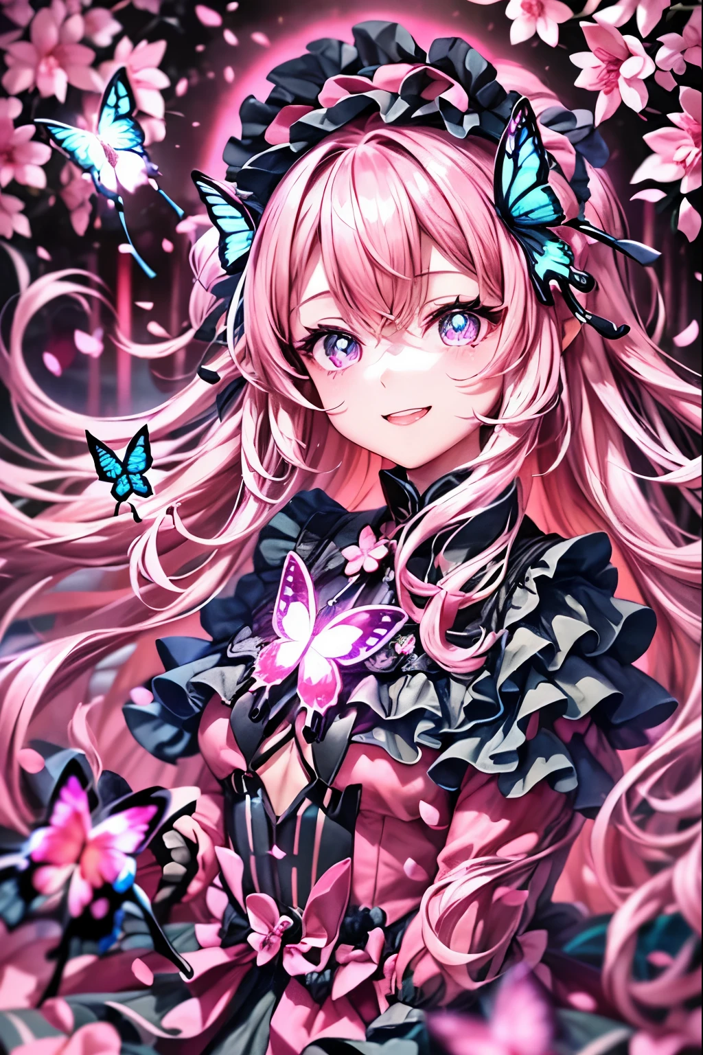 masterpiece, highest quality,(figure:1.0), 1 girl, (Gothic ta:1.2), (Black big wings:1.3), (((bioluminescence照明, pink light:1.5 ,pink lighting:1.5, shades of pink:1.5))), (Dark pupils:1.4), Glowing with black eyes, The sparkle of black hair:1.5, Cherry tree々Detailed background of , (pink glass, Pink leaves), (Cherry tree:1.5), (perfect hands:1.4), (cherry blossom petals:1.5. bioluminescence環境:1.5), Fluorescence environment, (((bioluminescence:1.5))), (((shining particles in the air:1.5, particles of light:1.5,))), ((Pink butterfly:1.5)), whole body, long hair, silver hair, Ahoge, pink eyes, adorable eyes, (best smile:1.2),