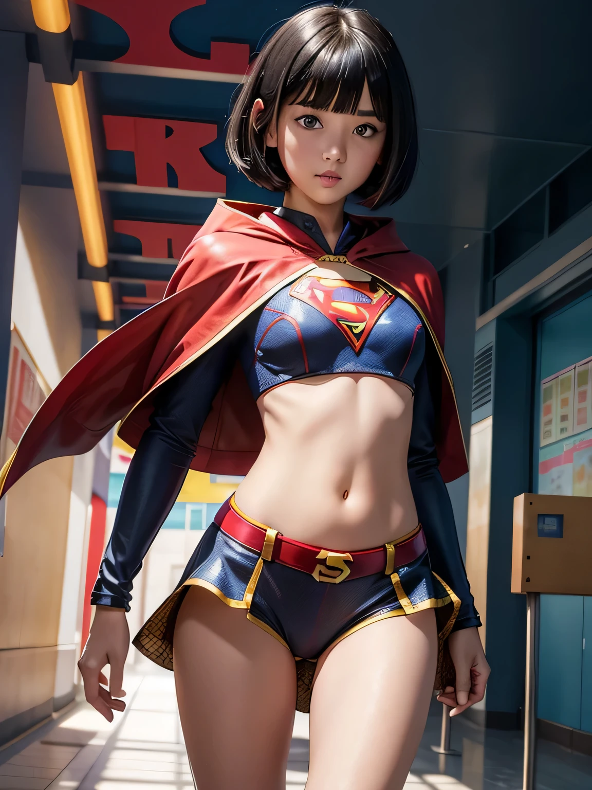 super girl elementary school student, masterpiece, highest quality, abstract, psychedelic, neon, (Honeycomb pattern), (creative:1.3), fantasy00d、 black hair、bob cut with trimmed ends、small breasts、Thin crotch、lolicon、&#39;face、standing on the walkway、Glistening crotch、belly button、High-leg style、red cloak