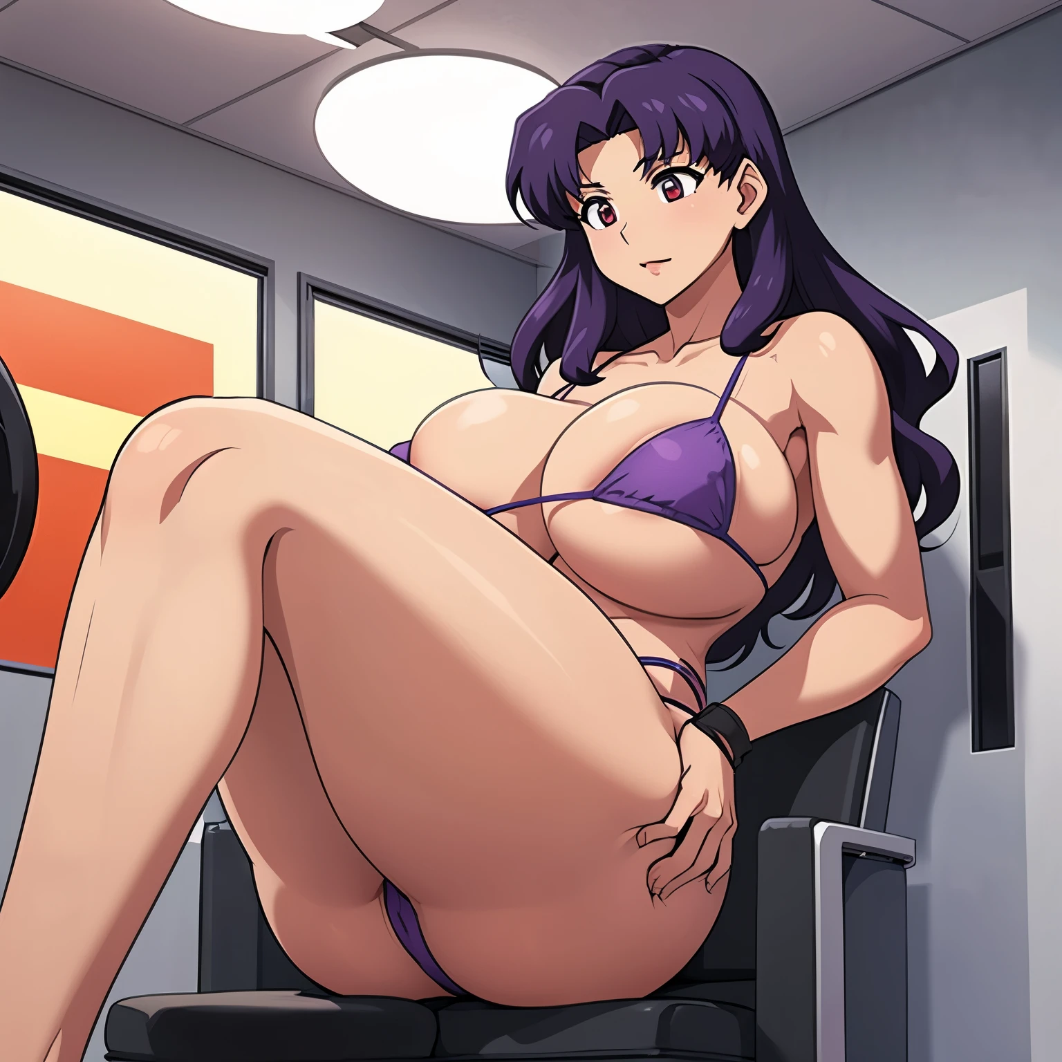 Giantess misato growth tiny microthong microbikini, tight bikini top, massive ass and chest, turned facing the camera