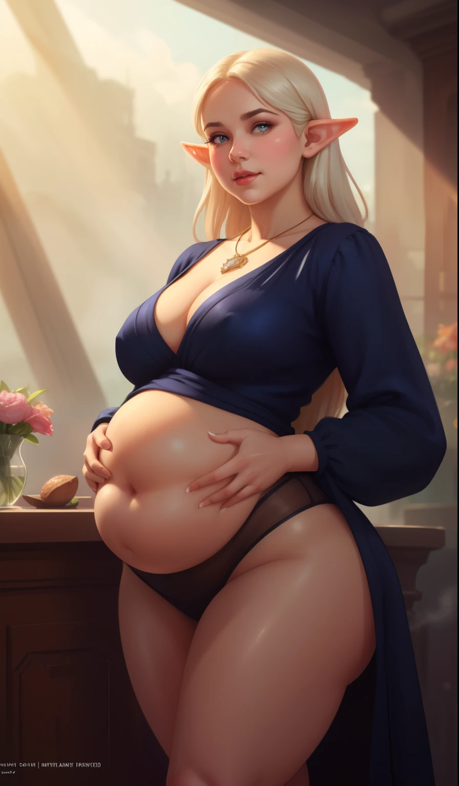 waist shot of a chubby female elf, intricate, chubby face, elegant, wearing sapphire necklace, facing camera, highly detailed, digital painting, artstation, concept art, smooth, sharp focus, illustration, art by artgerm and greg rutkowski and alphonse mucha, 8k, volumetric fog, bloom, light rays, lumen, cranked bokeh, chubby, fat belly, wide hips, full belly, overfull, eating fruits. clutching her belly with her hands. 