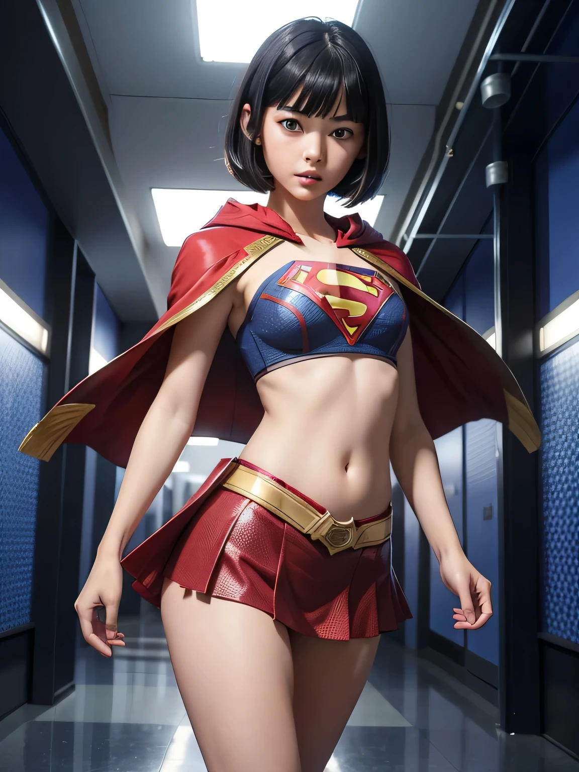 super girl elementary school student, masterpiece, highest quality, abstract, psychedelic, neon, (Honeycomb pattern), (creative:1.3), fantasy00d、 black hair、bob cut with trimmed ends、small breasts、Thin crotch、con、'face、standing on the walkway、Glistening crotch、belly button、High-leg style、red cloak