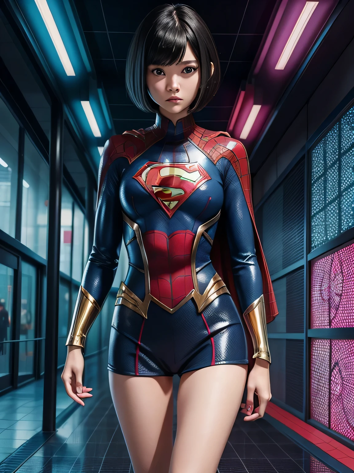 spiderman style supergirl elementary school student, masterpiece, highest quality, abstract, psychedelic, neon, (Honeycomb pattern), (creative:1.3), SY3, ticker, fantasy00d、 black hair、bob cut with trimmed ends、small breasts、Thin crotch、lolicon、&#39;face、standing on the walkway