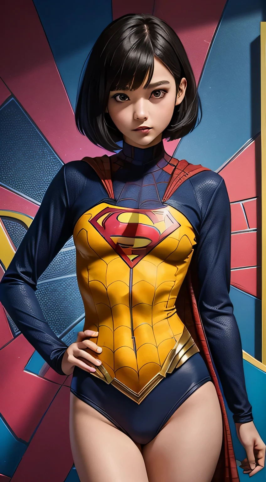 spiderman style supergirl elementary school student, masterpiece, highest quality, abstract, psychedelic, neon, (Honeycomb pattern), (creative:1.3), SY3, ticker, fantasy00d、 black hair、bob cut with trimmed ends、small breasts、Thin crotch、con、'face、standing on the walkway、Glistening crotch、belly button