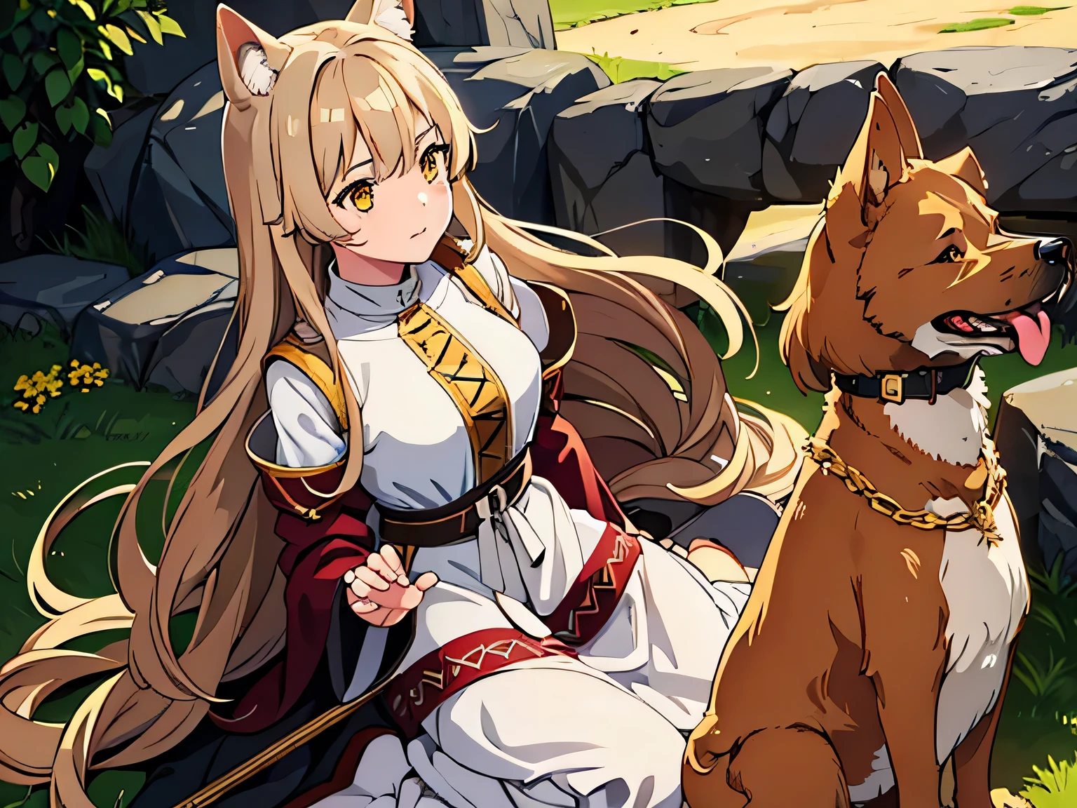 Best quality, masterpiece, 1 girl, yellow eyes, Light brown long hair, simple medieval clothing, Dressed as an adventurer, Inu race with dog ears, Full Length