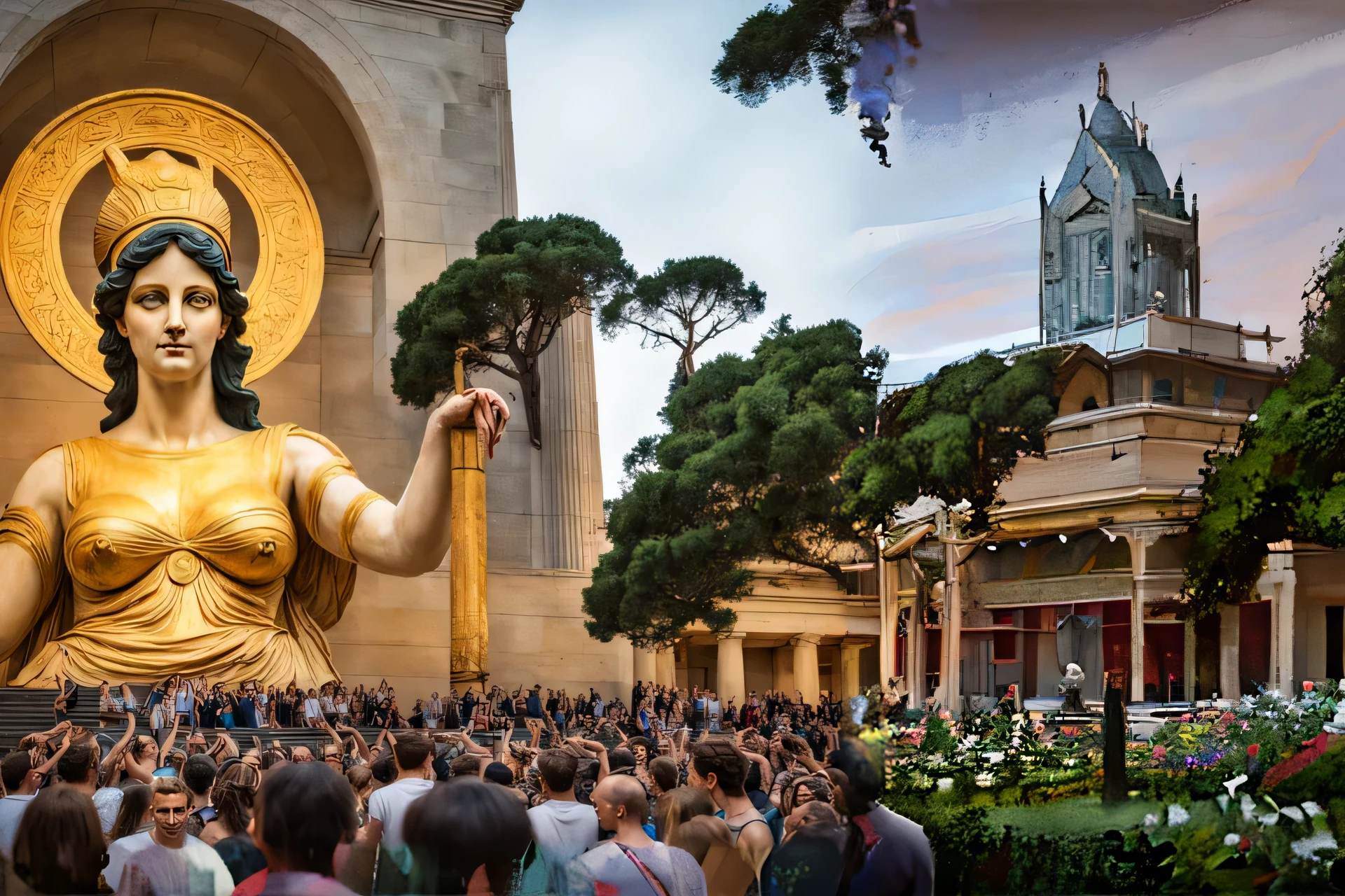 there is a large crowd of people gathered around a statue, the motherland calls, beeple and alphonse mucha, by Raphaël Collin, by Etienne Delessert, by Giorgio Cavallon, by Giuseppe Avanzi, sculpture of persephone, by Romain brook, by Dietmar Damerau, venice biennale's golden lion, bouguereau and mucha