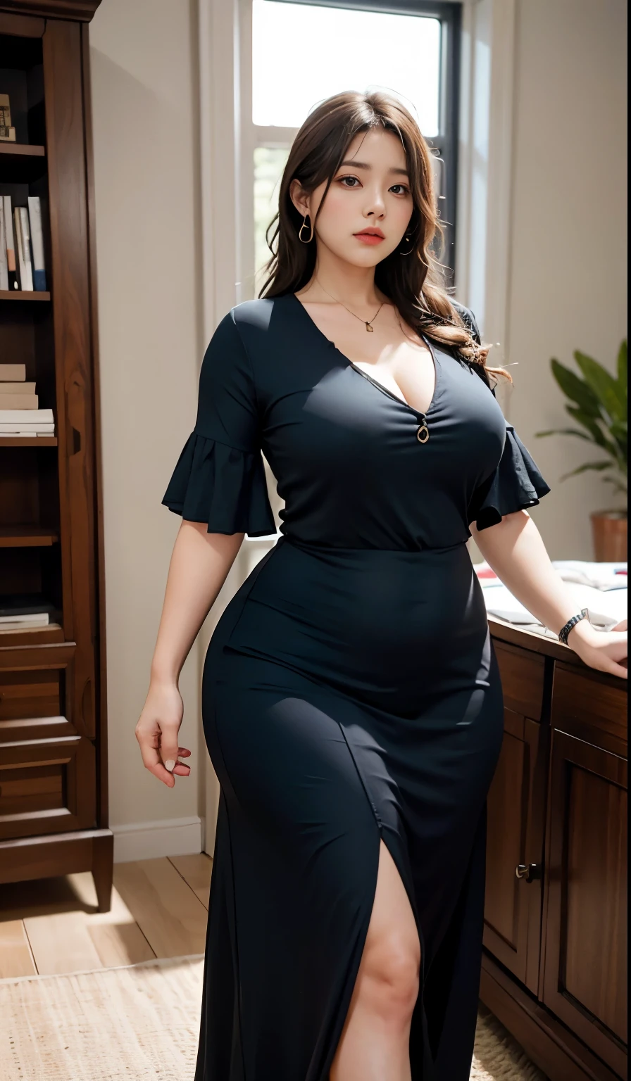 Chubby woman with fat belly and tight thighs, full body, 50-year-old mature woman, thick hips, thick neck, thick chest, big eyes, wearing a longest dress, wearing a sneakers 