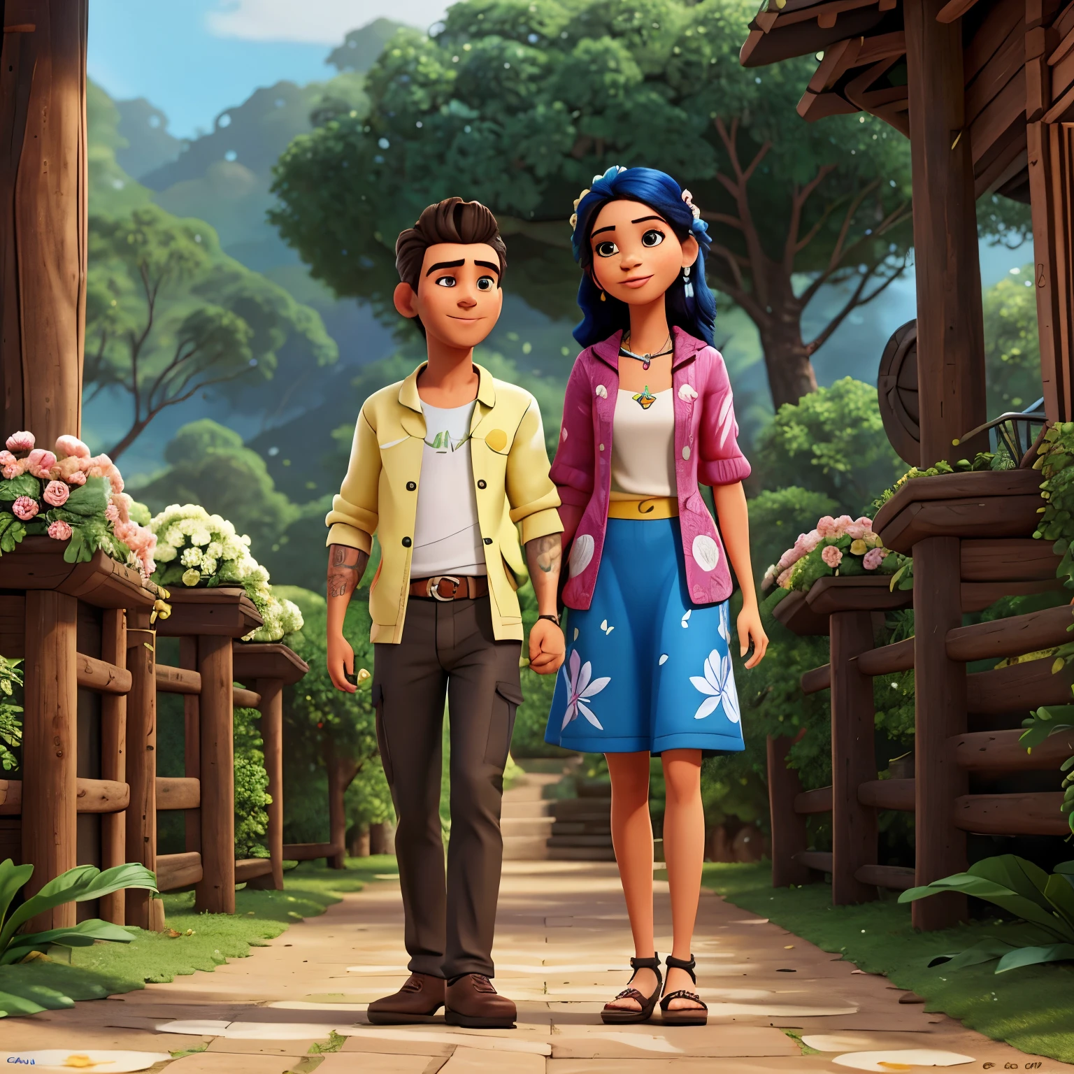 Estilo Disney Pixar. Paisagem floresta com flores rosas e azuis. Casal, mulher branca, cabelo liso e cumprido, anunciando a gravidez e homem branco, cabelo liso e preto arrepiado, com tatuagens nos bracos.