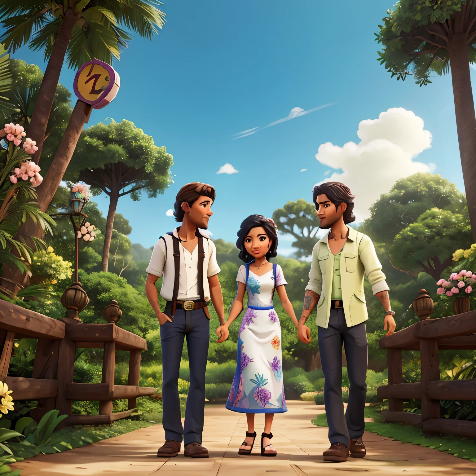 Estilo Disney Pixar. Paisagem floresta com flores rosas e azuis. Casal, mulher branca, cabelo liso e cumprido, anunciando a gravidez e homem branco, cabelo liso e preto arrepiado, com tatuagens nos bracos.