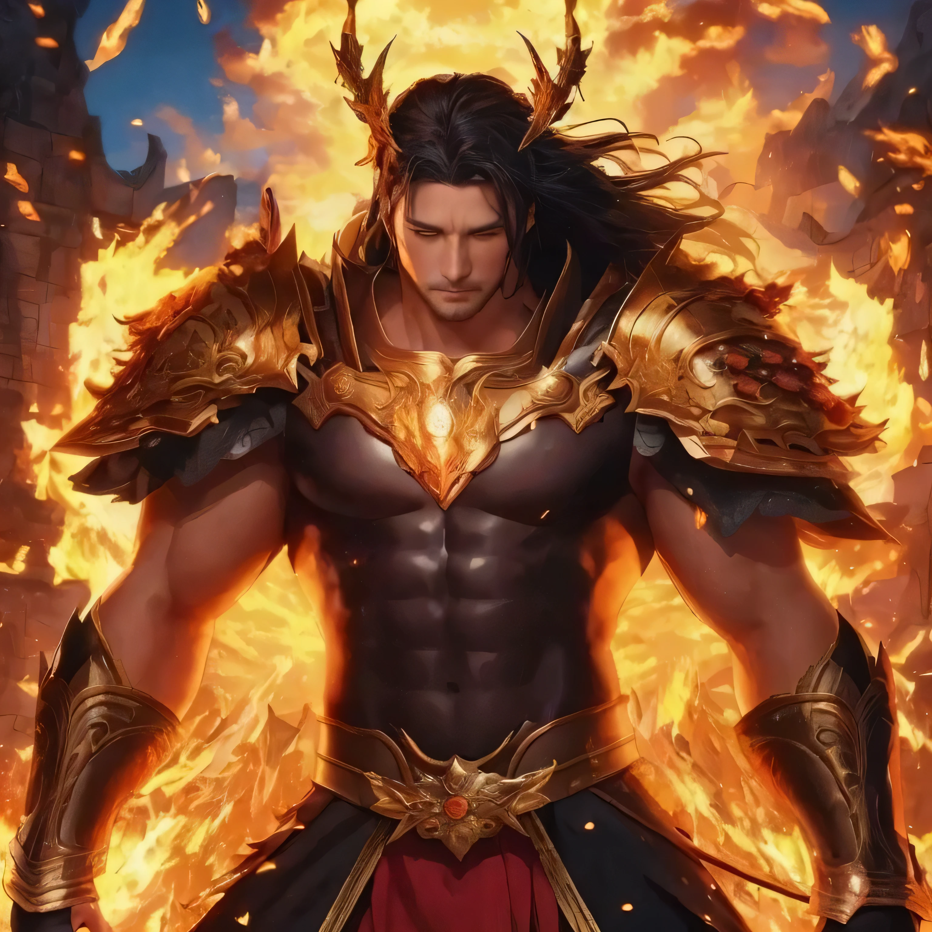 a man in armor stands in front of a fire, lord of ash, Ian J., The King of Fire, inspired by Li Kan, Heise Jinyao, Epic fantasy art style, extremely detailed art germ, handsome guy in demon slayer art, flame, witchcraft, armored, phoenix warrior, Ruler of Hell, inspired by Huang Shen, Bian Lian