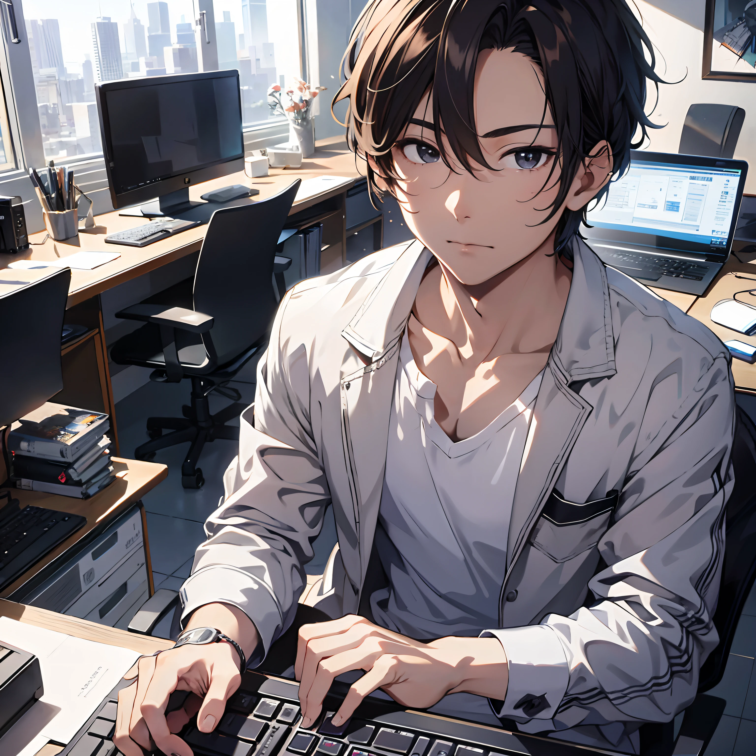 Absurd resolution, high resolution, (mesa: 1.4), Hiper-detalhamento, 1 menino, foco facial, Homens maduros, roupas de estudante, camisa branca, Lan house, Keyboard interaction, Lots of information