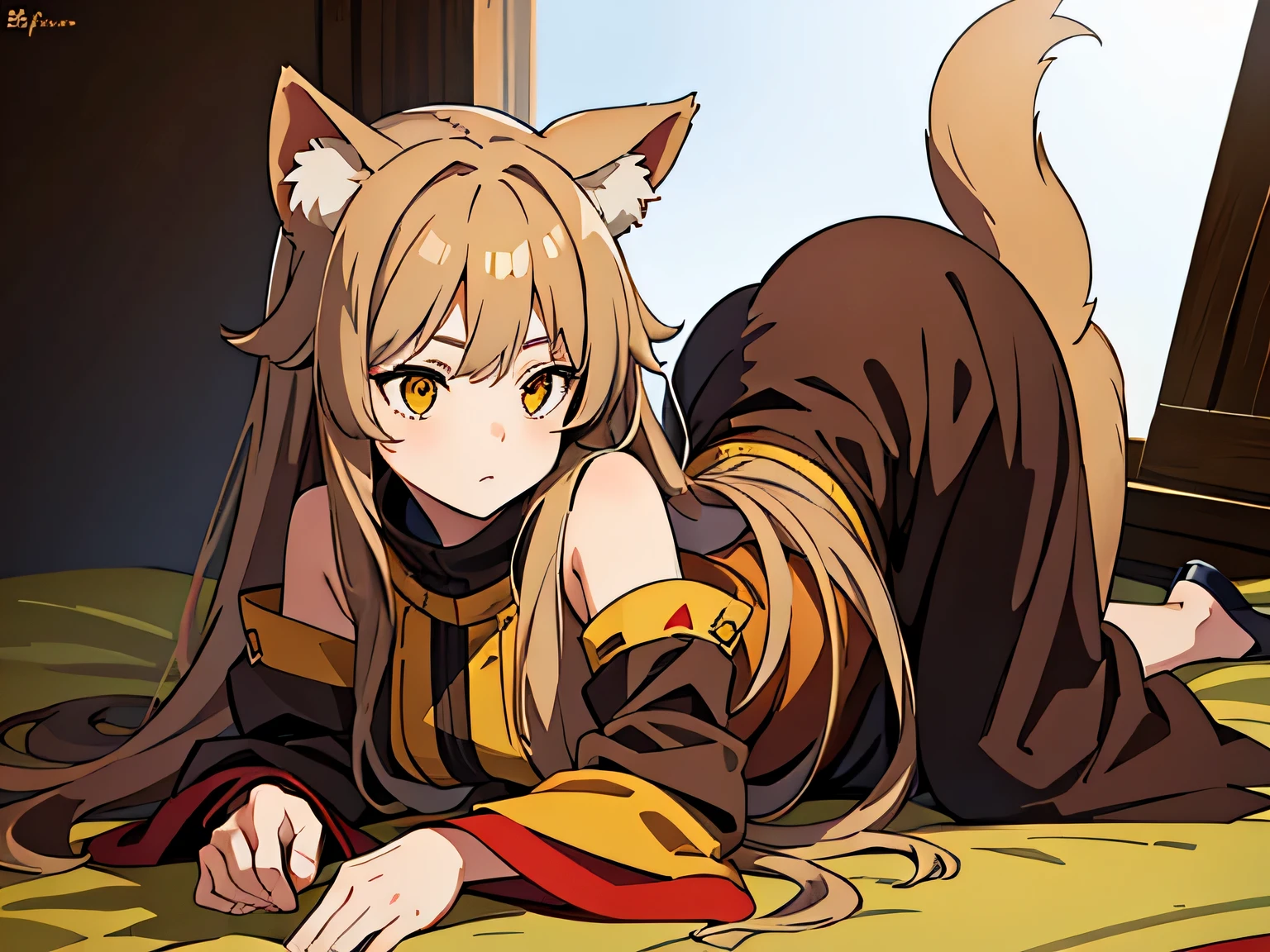 Best quality, masterpiece, 1 girl, yellow eyes, brown long hair, Vorishka, dog ears, Inu race, medieval simple clothing, Full Length