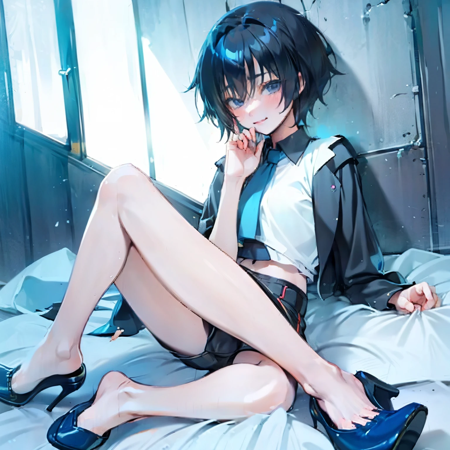 Teenager boy, blue eyes, anime style, black short hair, smile, blushing, really feminine but still a boy, attractive clothes, high heels, lying on a bed, full body 