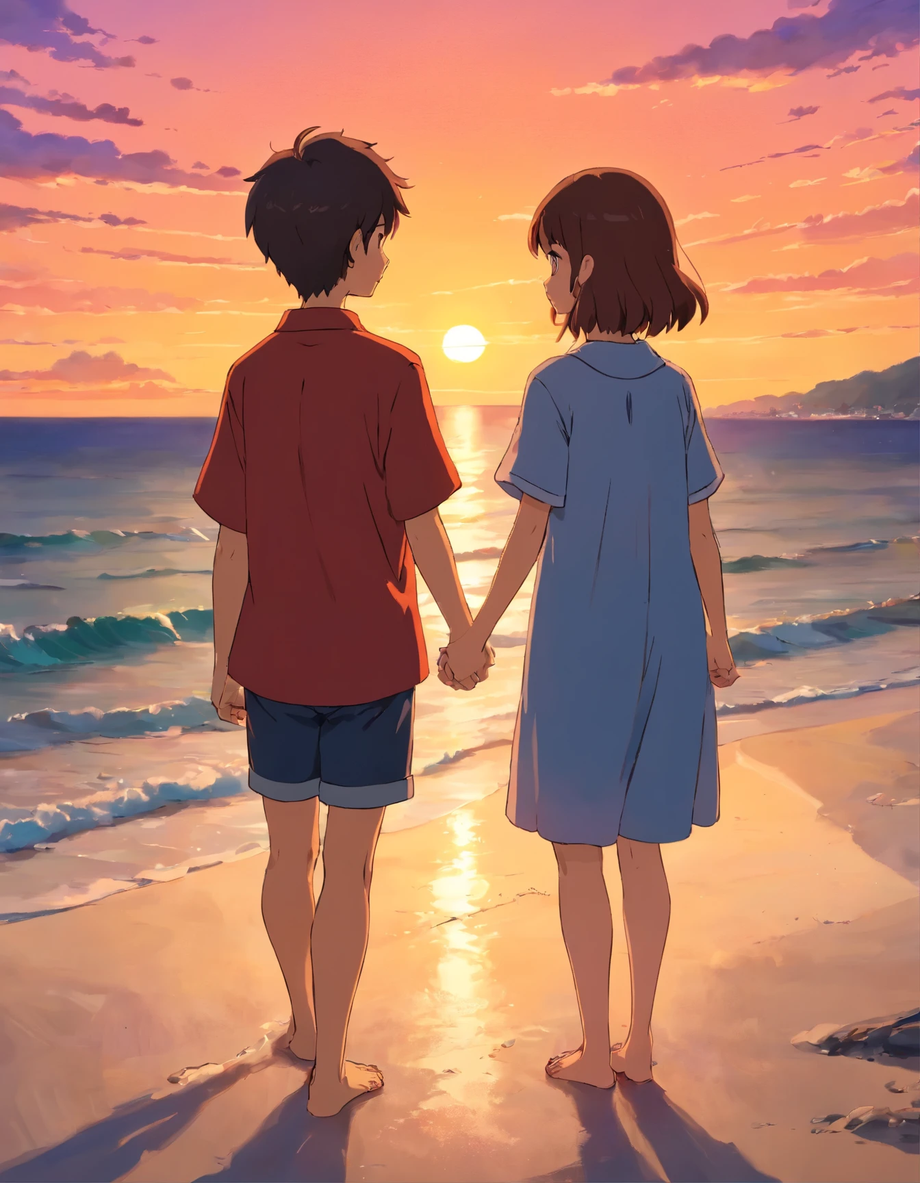 A teenage boy and girl holding each others hand and watching sunset, at beach coast