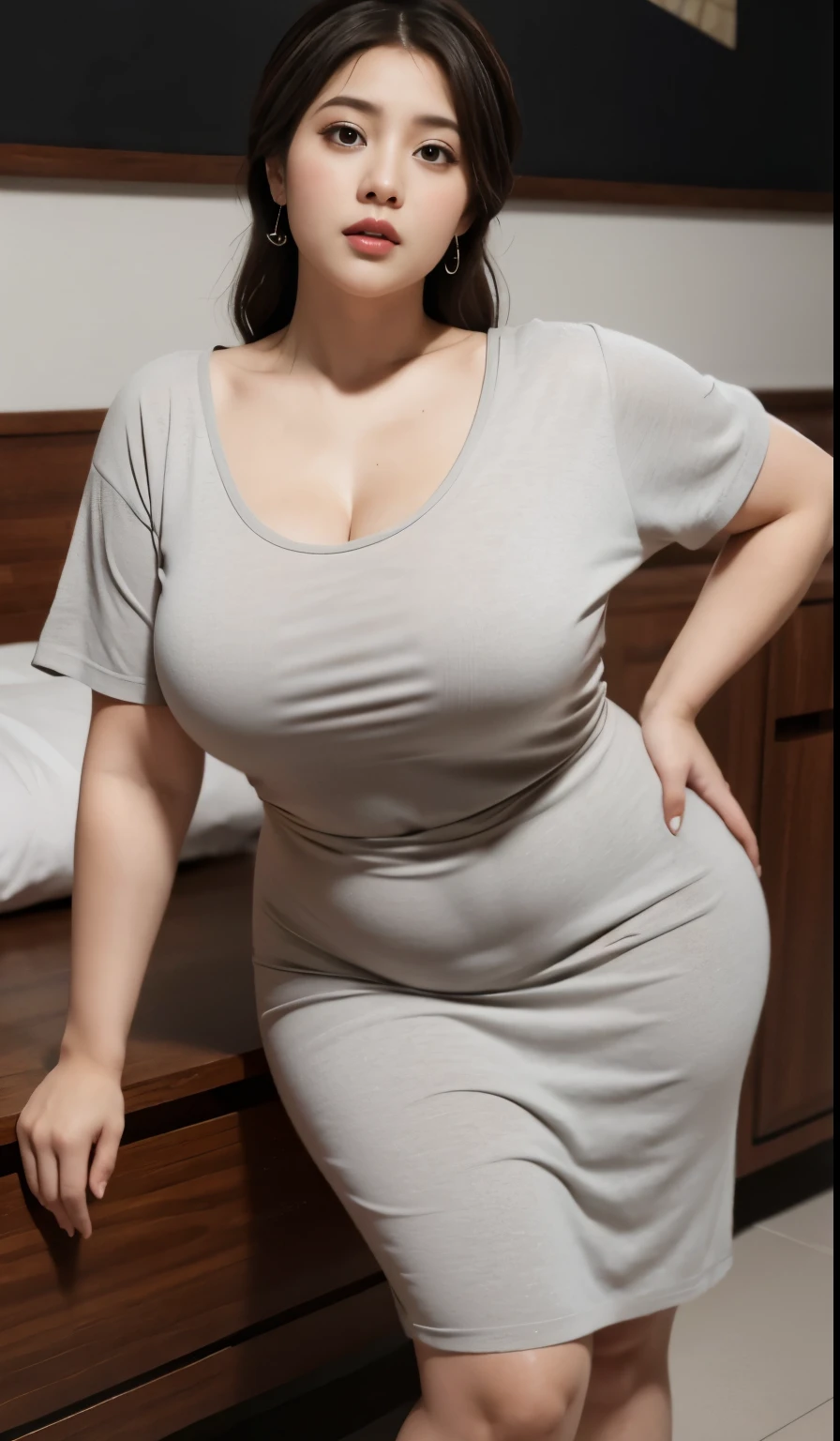 Chubby woman with fat belly and tight thighs, full body, 50-year-old mature woman, thick hips, thick neck, thick chest, big eyes, wearing a longest dress, wearing a hijab, hijabi woman